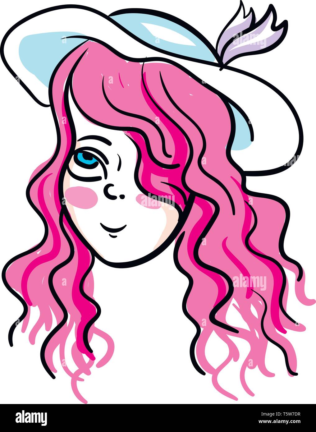 A Girl With Pink Wavy Hair Wearing A Light Blue Hat With A Purple