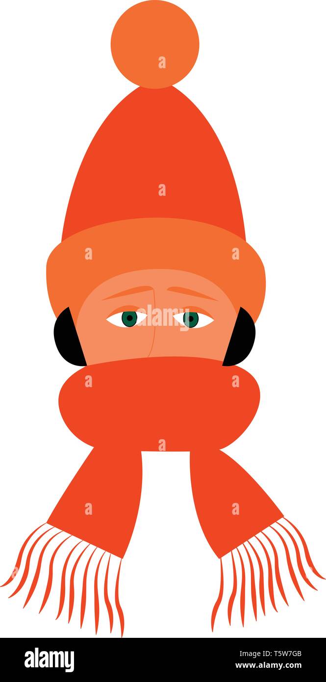 Boy with black hair and blue eyes wearing a set of orange winter cap and scarf vector color drawing or illustration Stock Vector