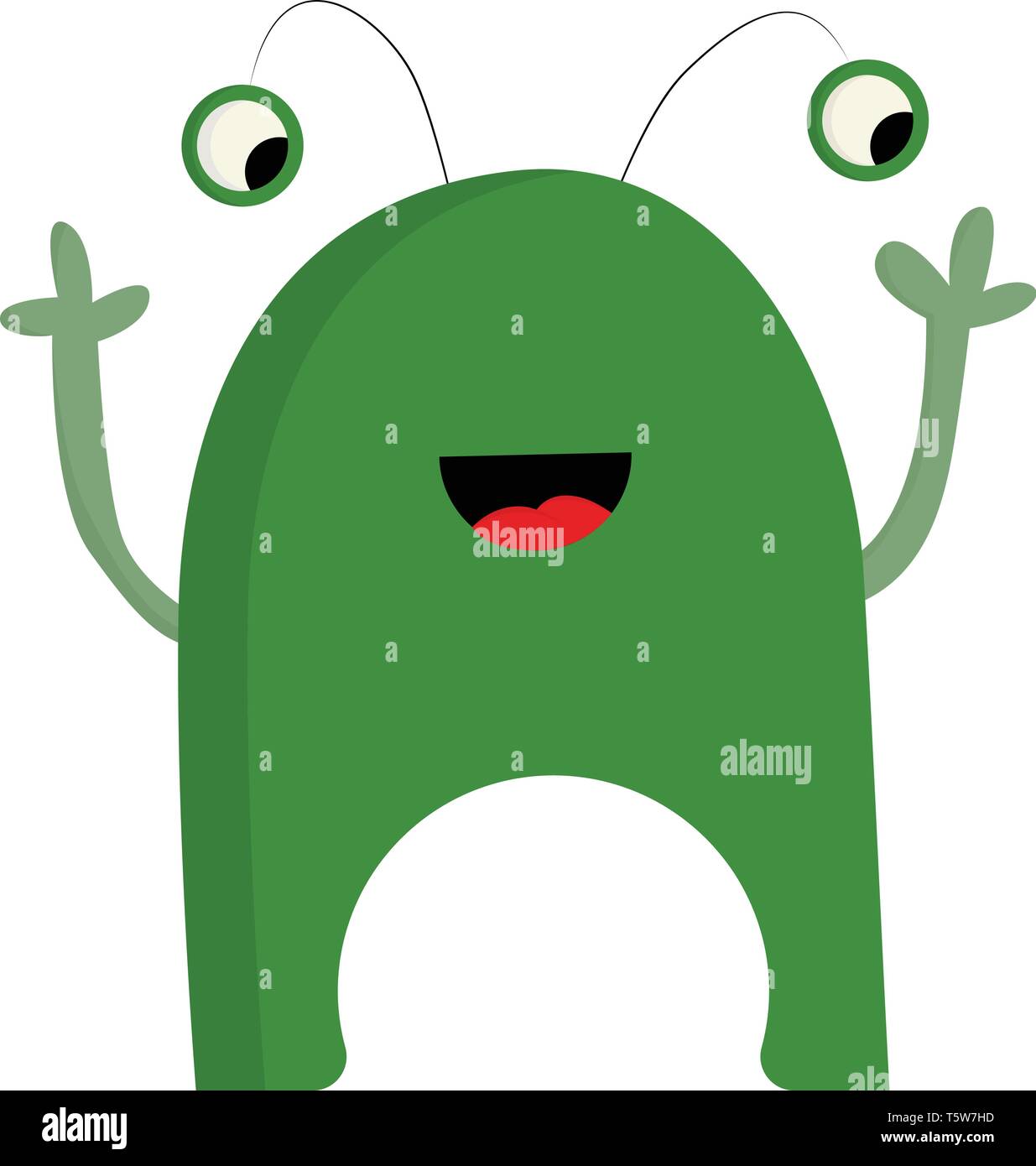 An oval-shaped dark green happy monster with eyes popping out vector color drawing or illustration Stock Vector