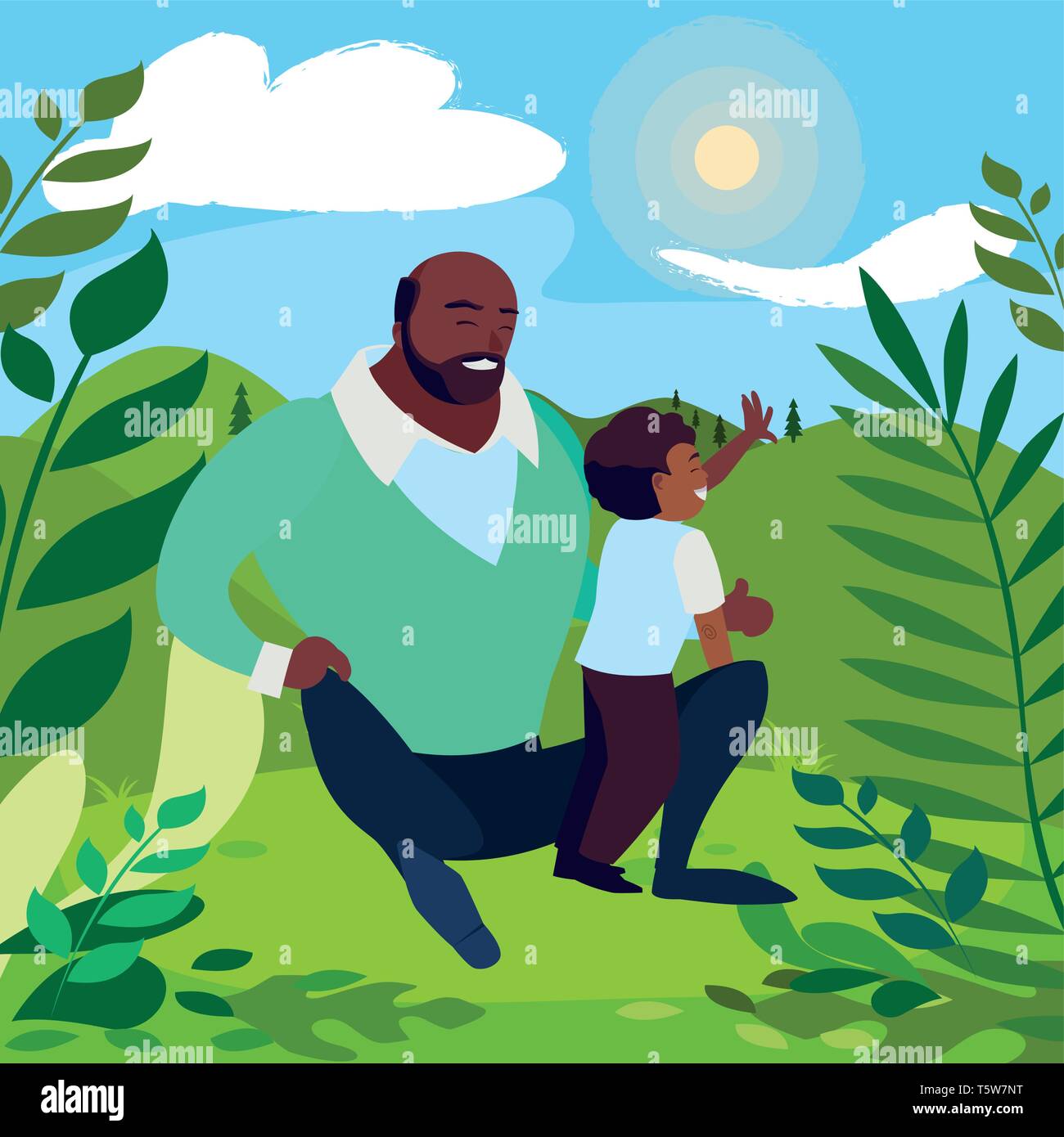 black father with son in the field vector illustration design Stock ...