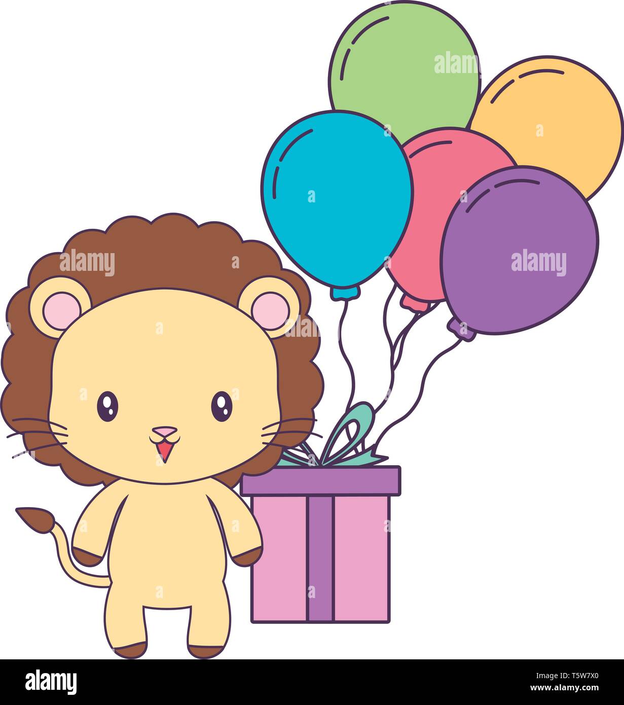 cute lion with gift box and balloons helium vector illustration design ...