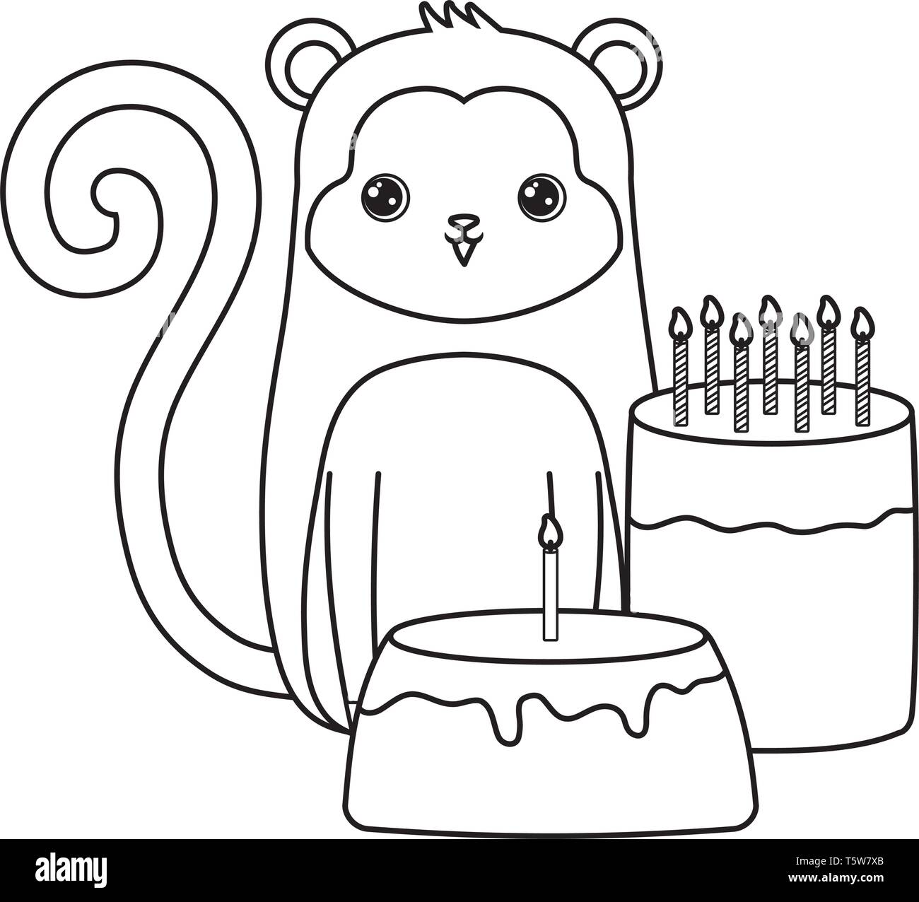 cute monkey with cakes of birthday vector illustration design Stock ...