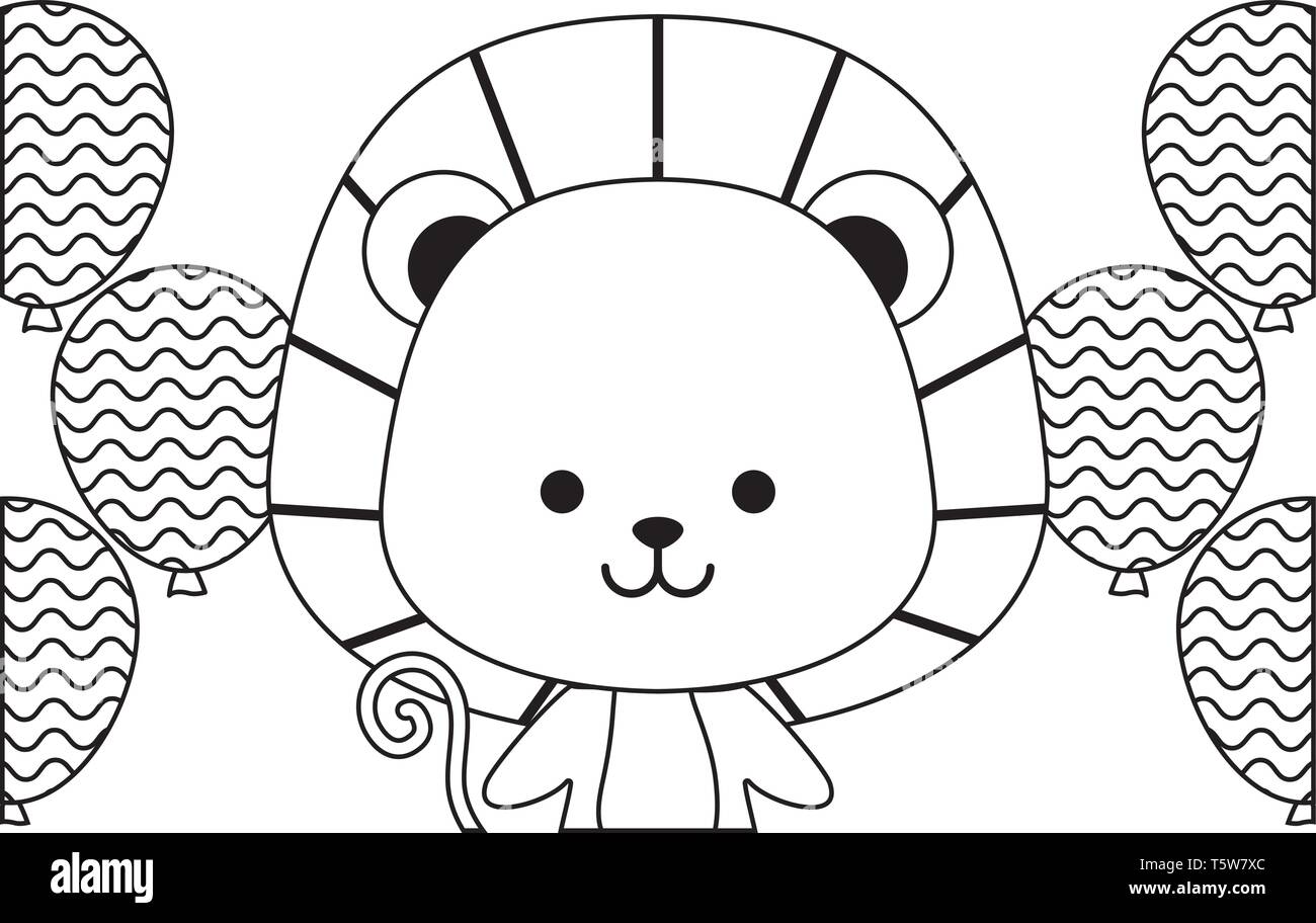 cute lion with balloons helium vector illustration design Stock Vector ...