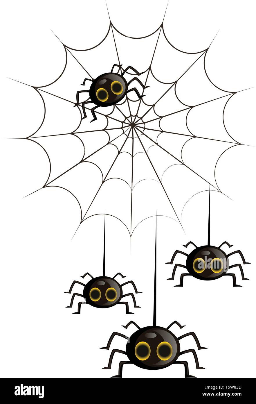 Four black cute cartoon spiders in a spiderweb vector illustration on white background. Stock Vector