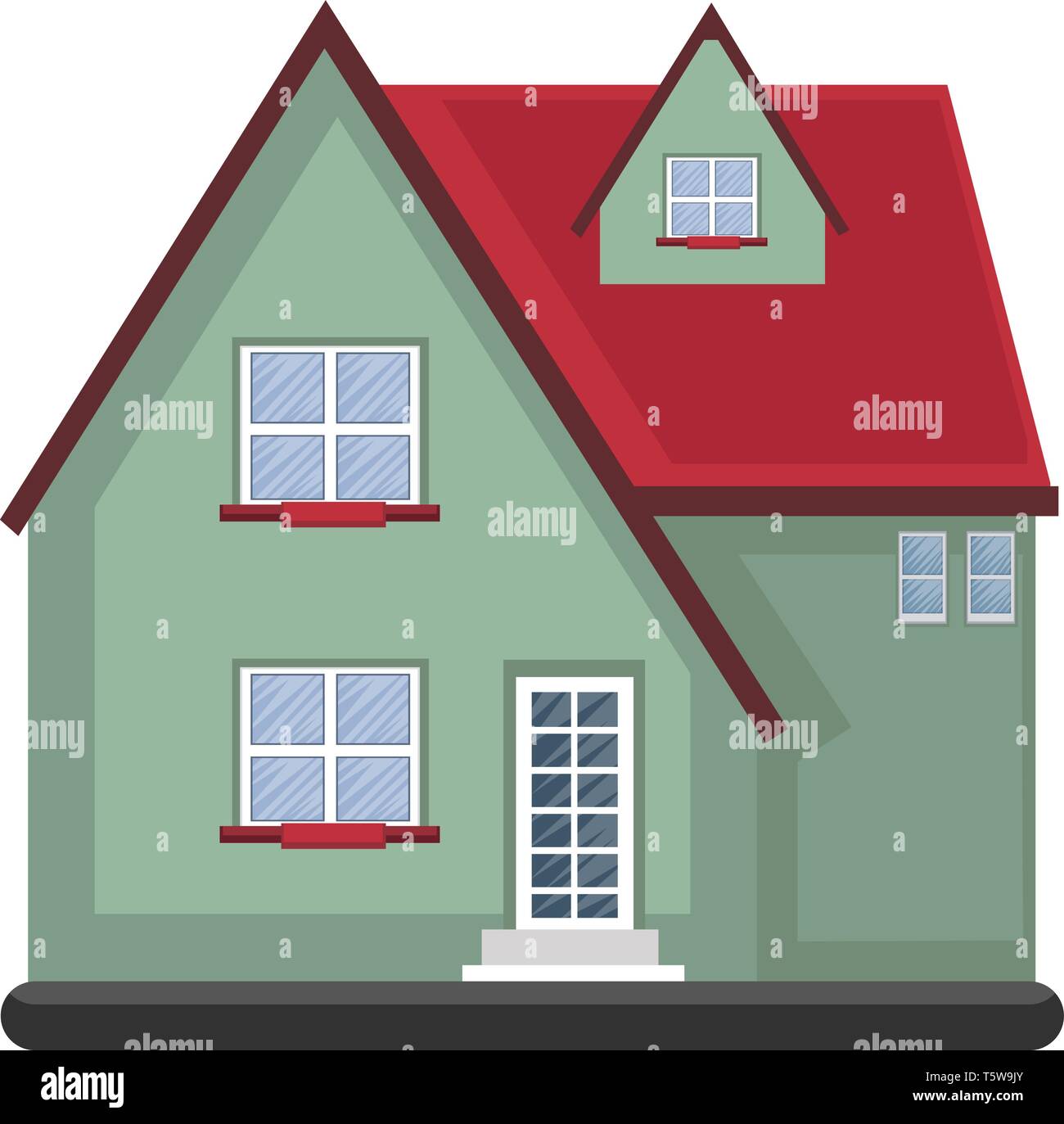 Cartoon green building with red roof vector illustartion on white background Stock Vector