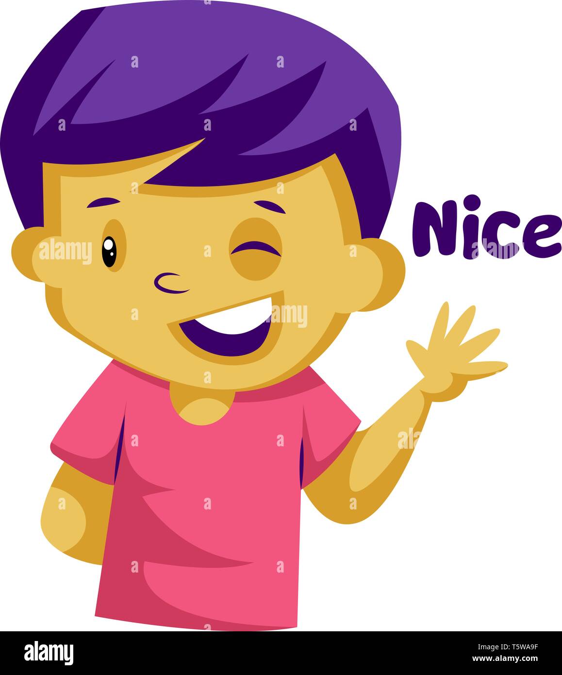 Yellow Boy With Purple Hair Waving And Saying Nice Vector