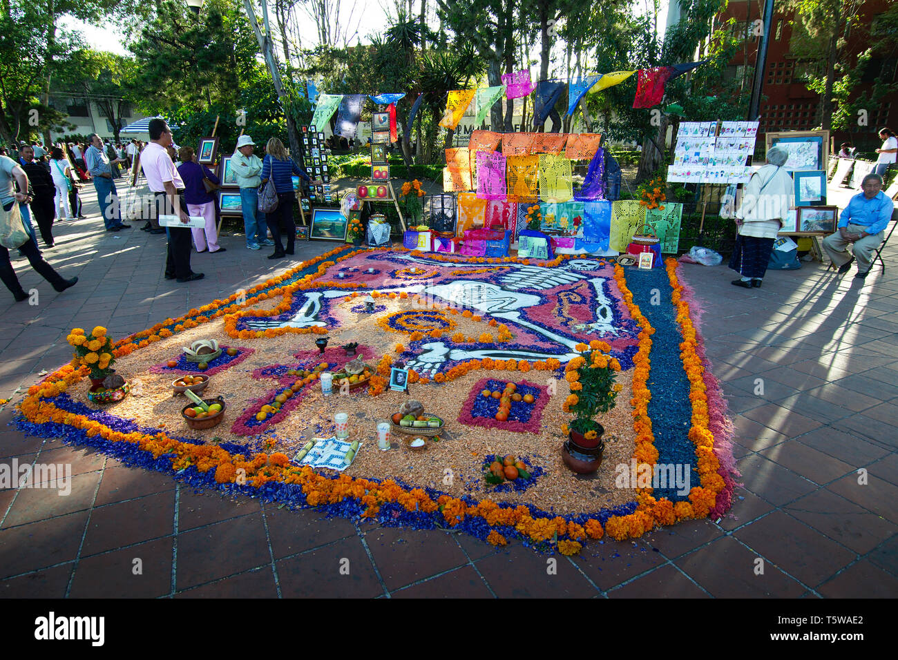 Mexico City, Mexico - November 2018: Traditional decorated offerings to celebrate the Day of the Dead in the Coyoacan district. Stock Photo