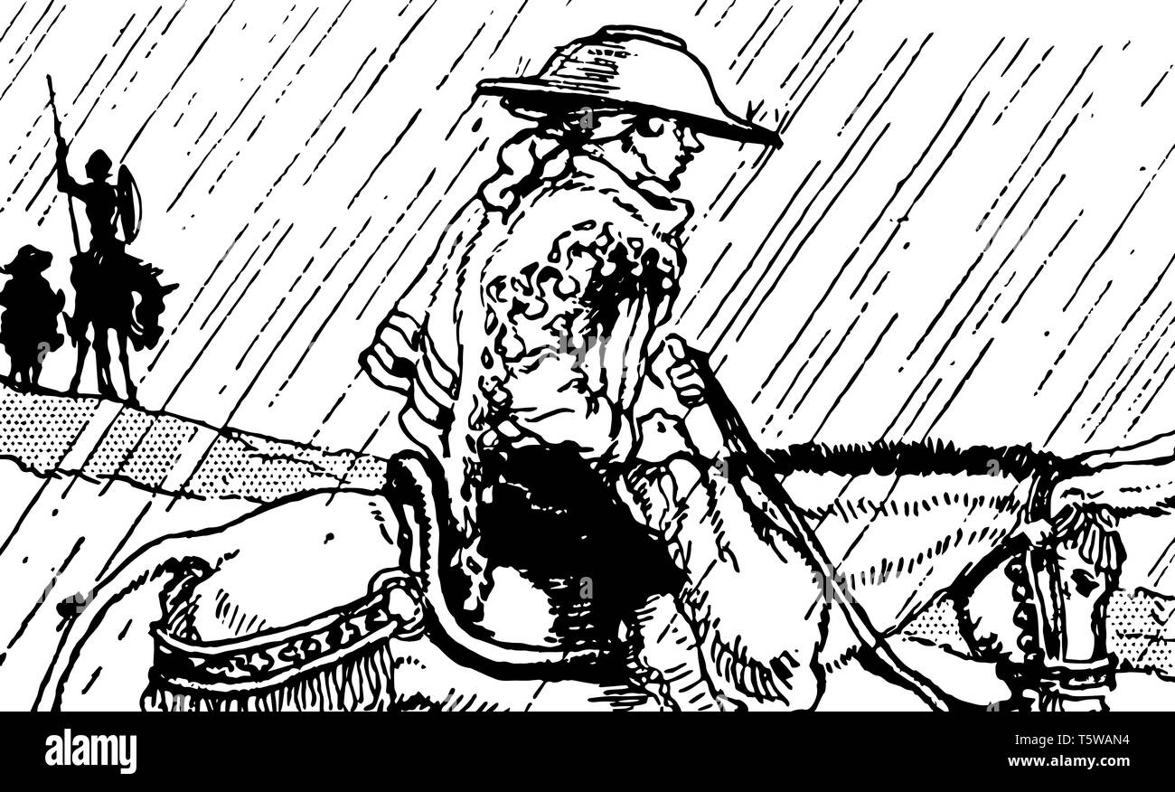 Don Quixote this scene shows a man with hat on head riding on horse in the rain man with spear and shield in background vintage line drawing or engrav Stock Vector