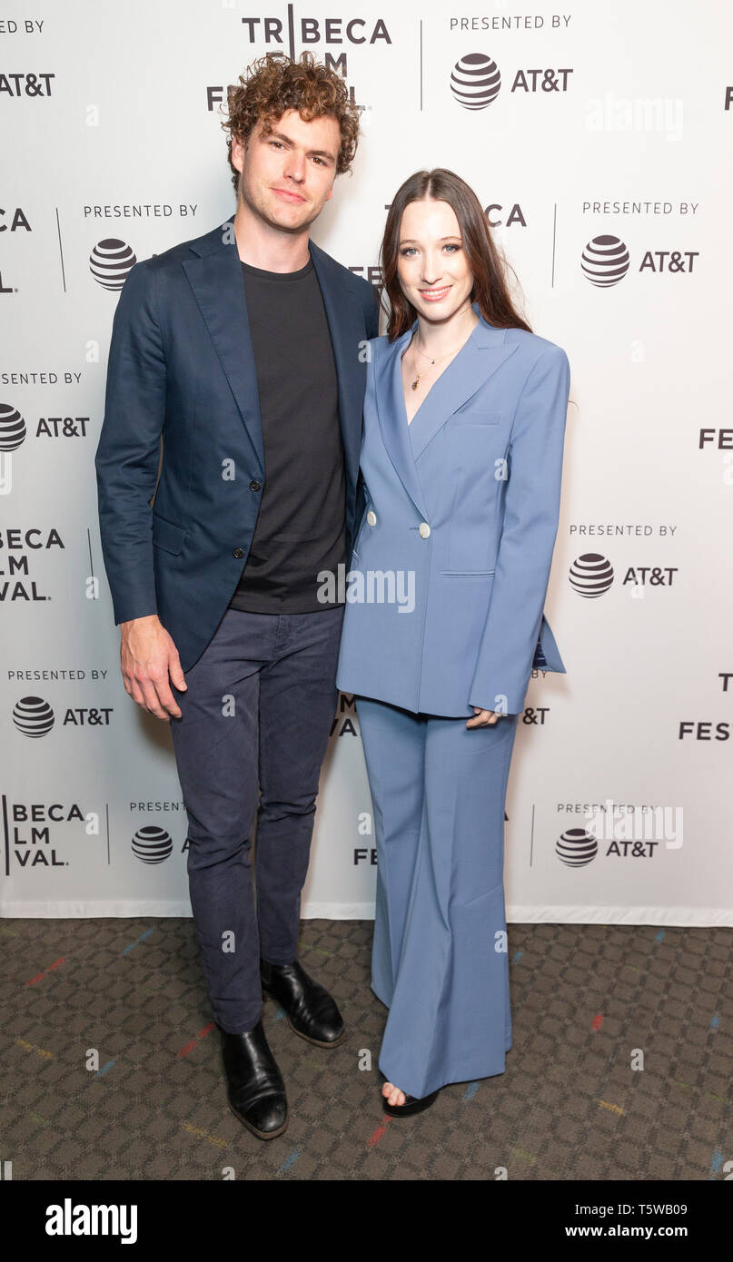 New York, NY - April 26, 2019: James Keogh and Sophie Lowe wearing dress by Camilla Mack attends the Blow The Man Down screening at Tribeca Film Festival at SVA Theatre Stock Photo