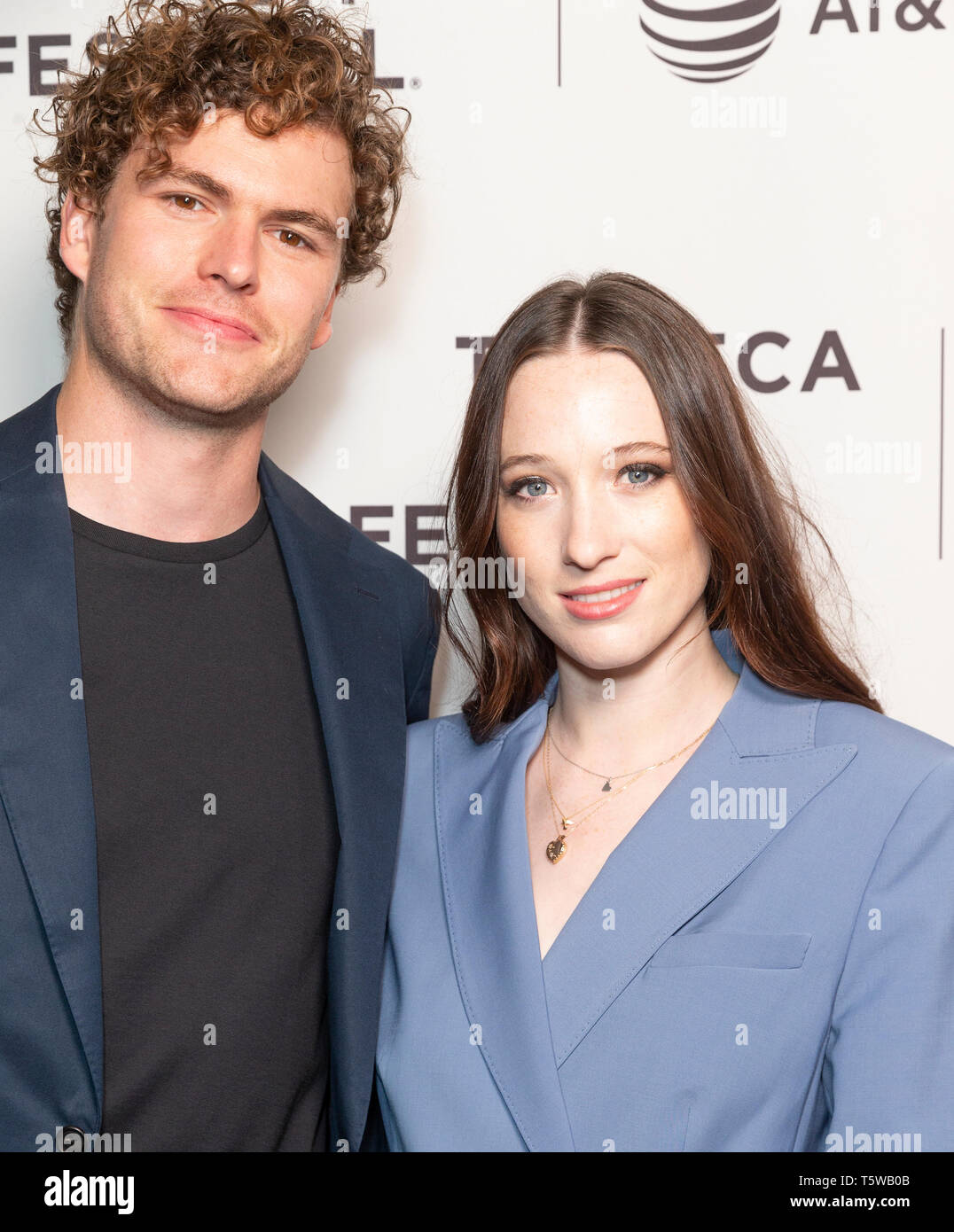 New York, NY - April 26, 2019: James Keogh and Sophie Lowe wearing dress by Camilla Mack attends the Blow The Man Down screening at Tribeca Film Festival at SVA Theatre Stock Photo