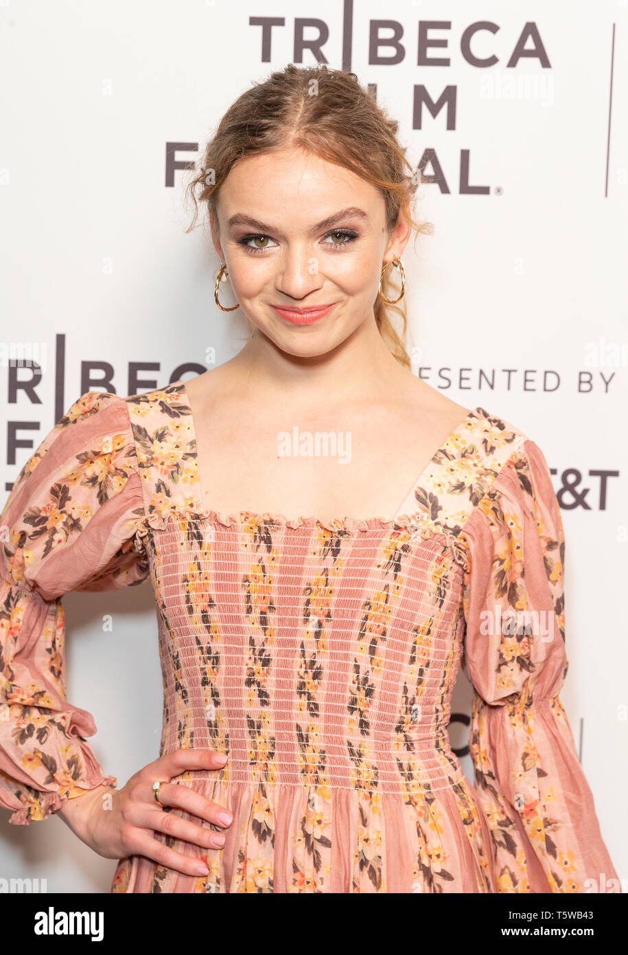 New York, NY - April 26, 2019: Morgan Saylor wearing dress by Rachel Antonoff attends the Blow The Man Down screening at Tribeca Film Festival at SVA Theatre Stock Photo