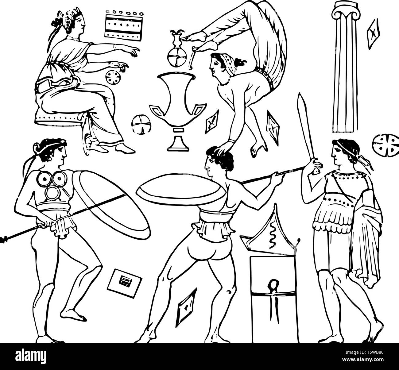 Pyrrhic Dance is the most famous of all the war and imitating by quick movements in modes in which an enemy is to be attacked vintage line drawing or  Stock Vector