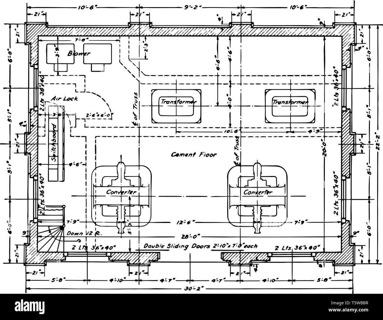 Substation Floor Residence Plan is showing the engineering structure it is a typical residence building vintage line drawing or engraving. Stock Vector