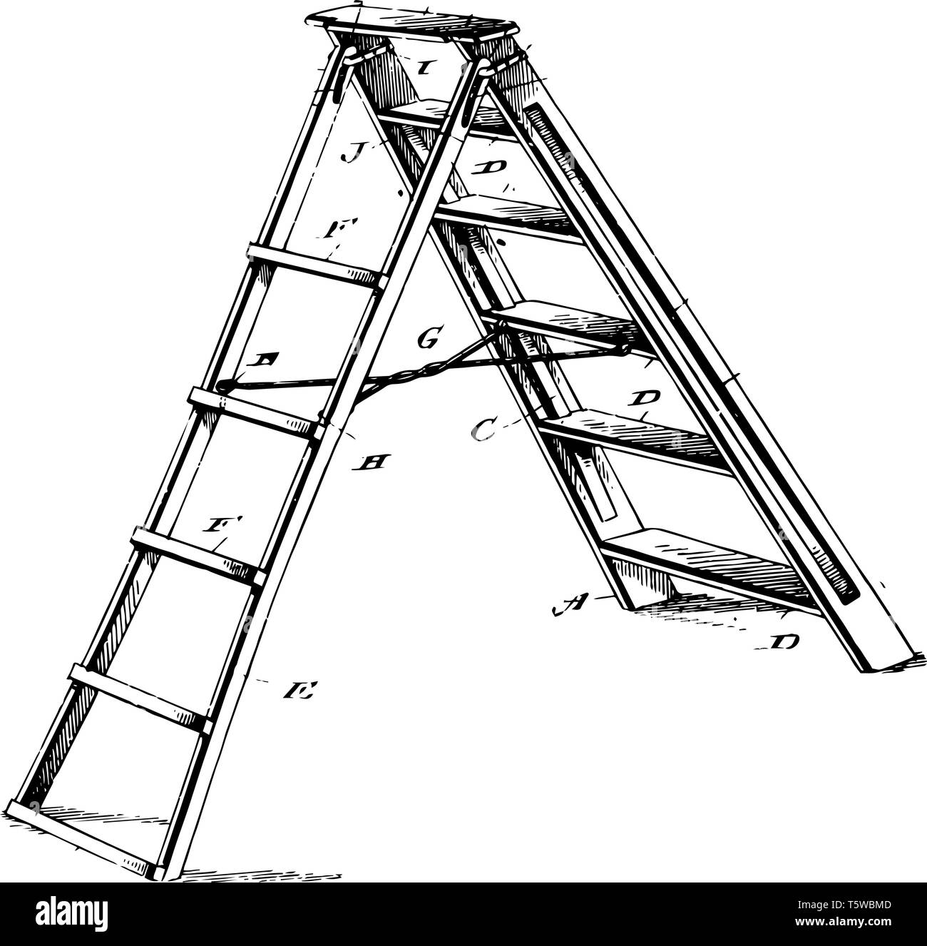 This illustration represents Six Step Ladder which is hung from the top vintage line drawing or engraving illustration. Stock Vector