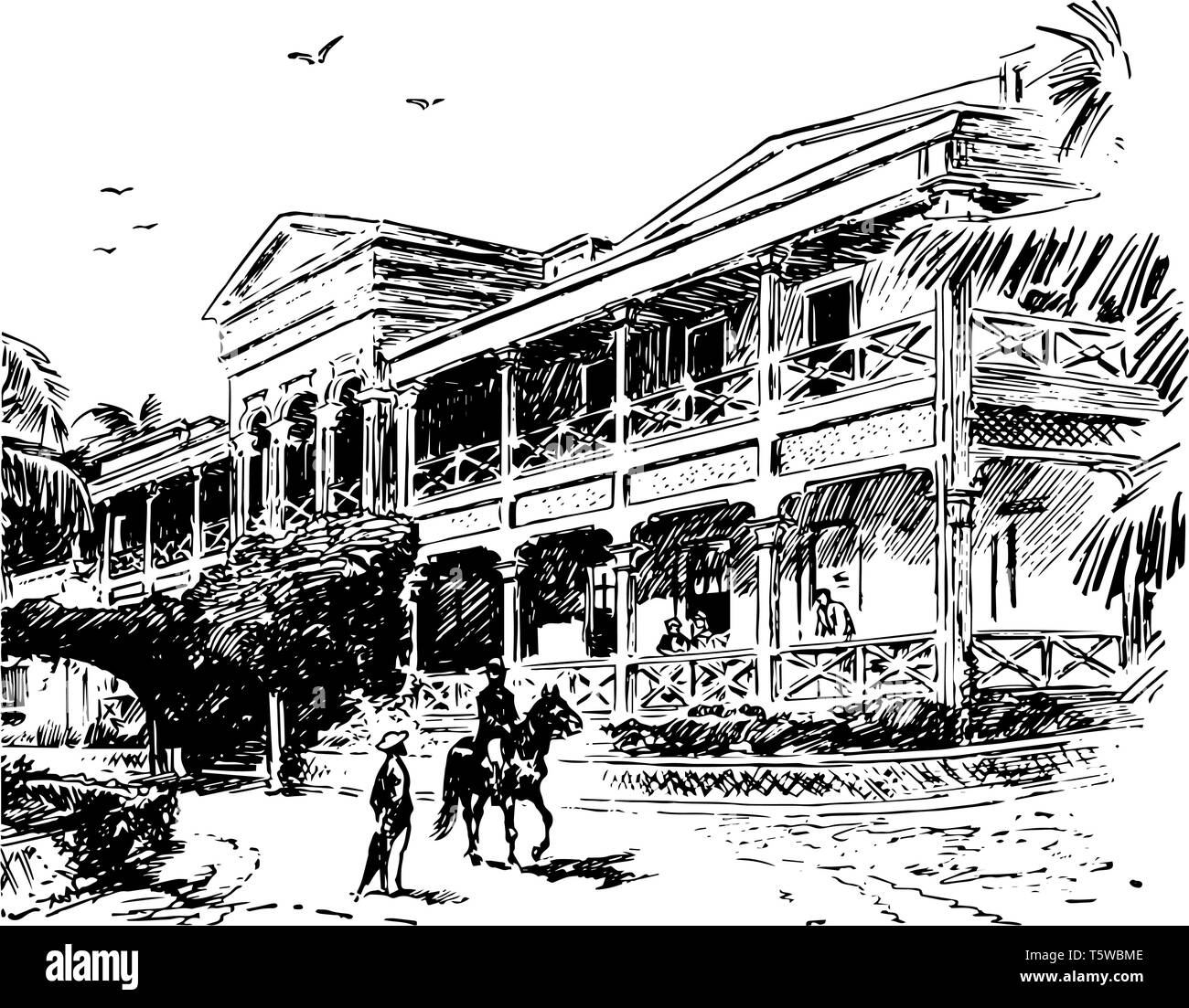 A hospital was shown in this picture which is located in the Honolulu city in early 1990s vintage line drawing or engraving illustration. Stock Vector