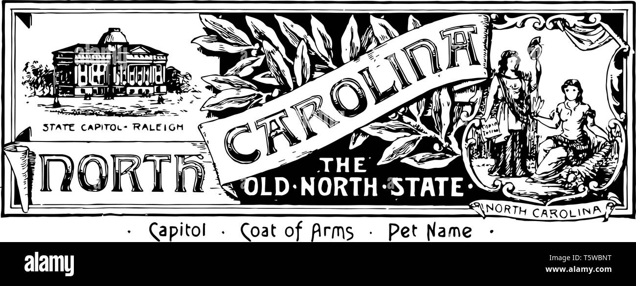 The state banner of North Carolina the old north state this banner has state house with STATE CAPITOL RELEIGN and two girls in right side in middle NO Stock Vector