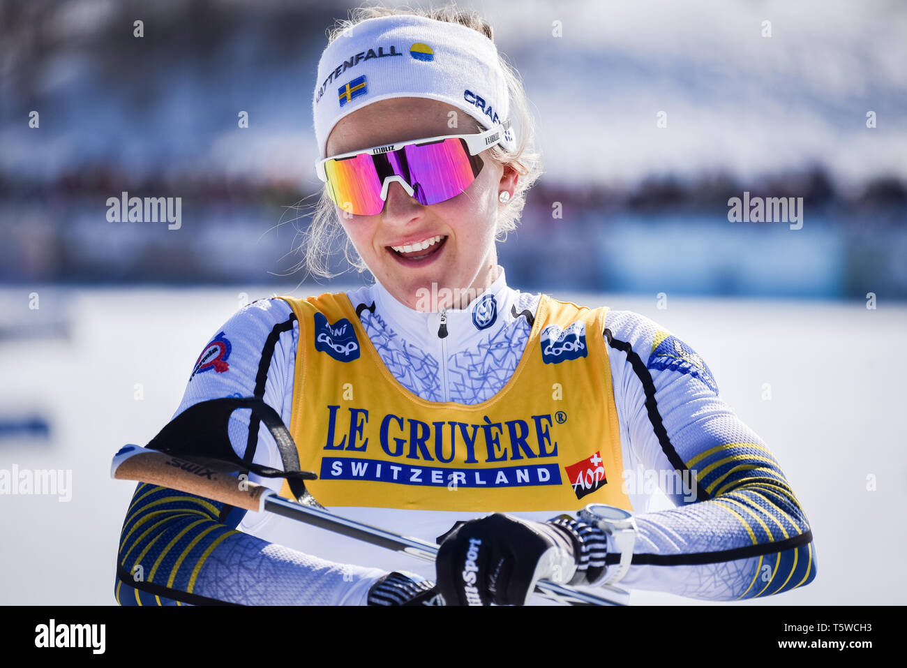 Stina Nilsson of Sweden after winning the 10 k skate pursuit FIS World Cup cross country ski race in Quebec City, Quebec, Canada. Stock Photo