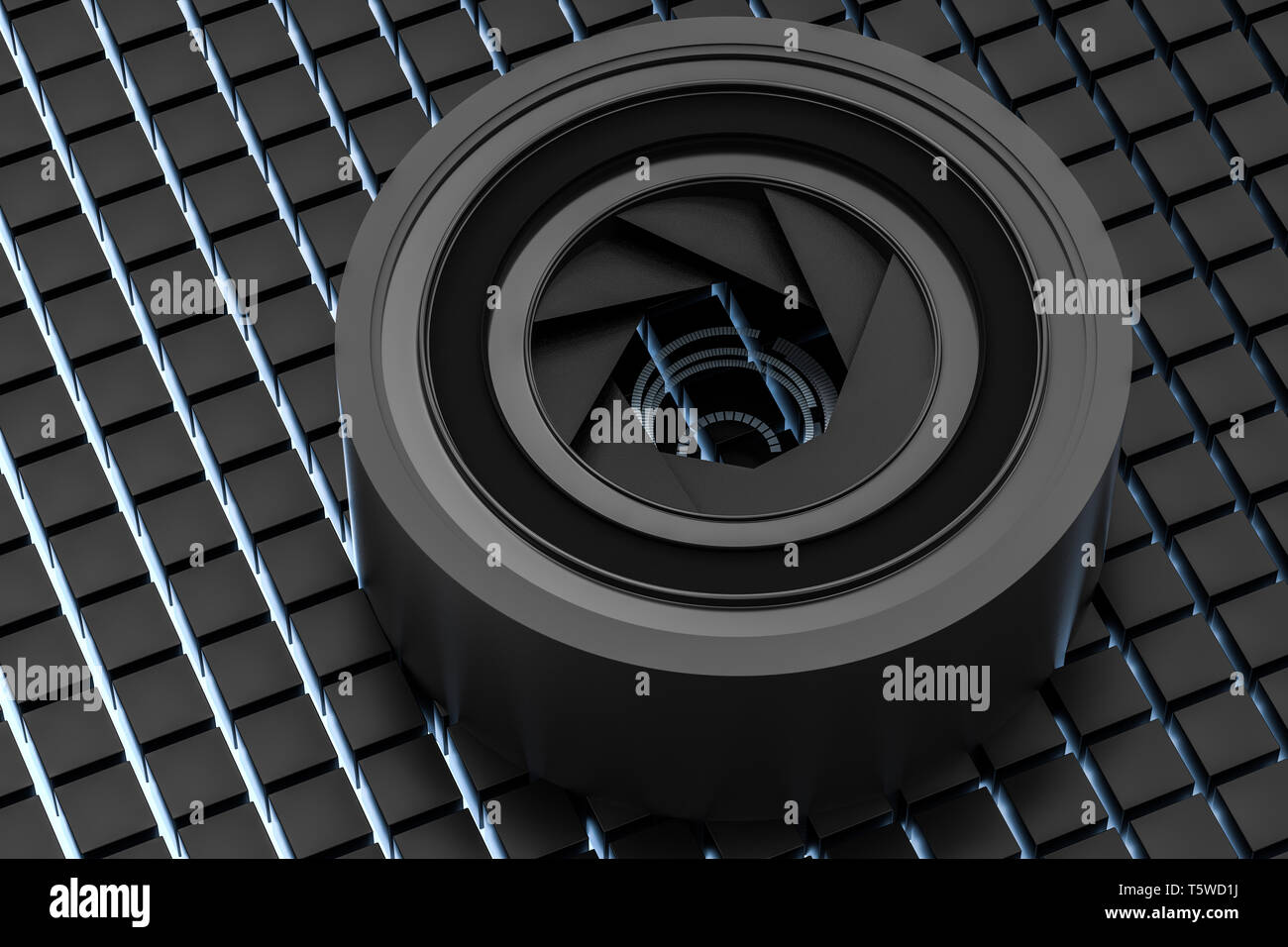 3d rendering, camera lens in a dark studio background. Computer digital ...