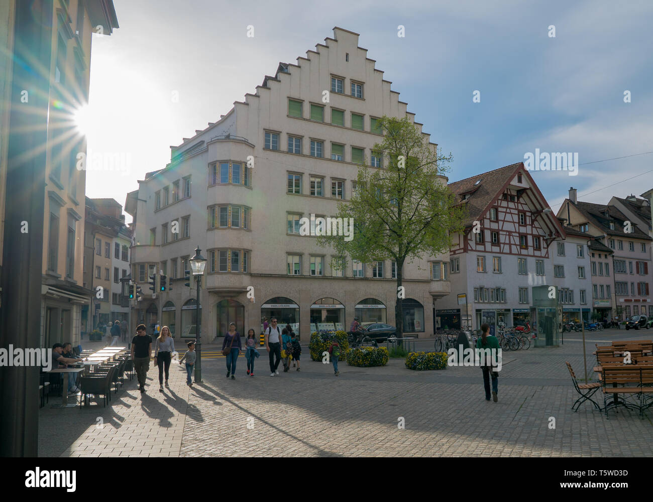 Schaffhausen, SH / Switzerland - 22 April 2019: tourists enjoying a ...