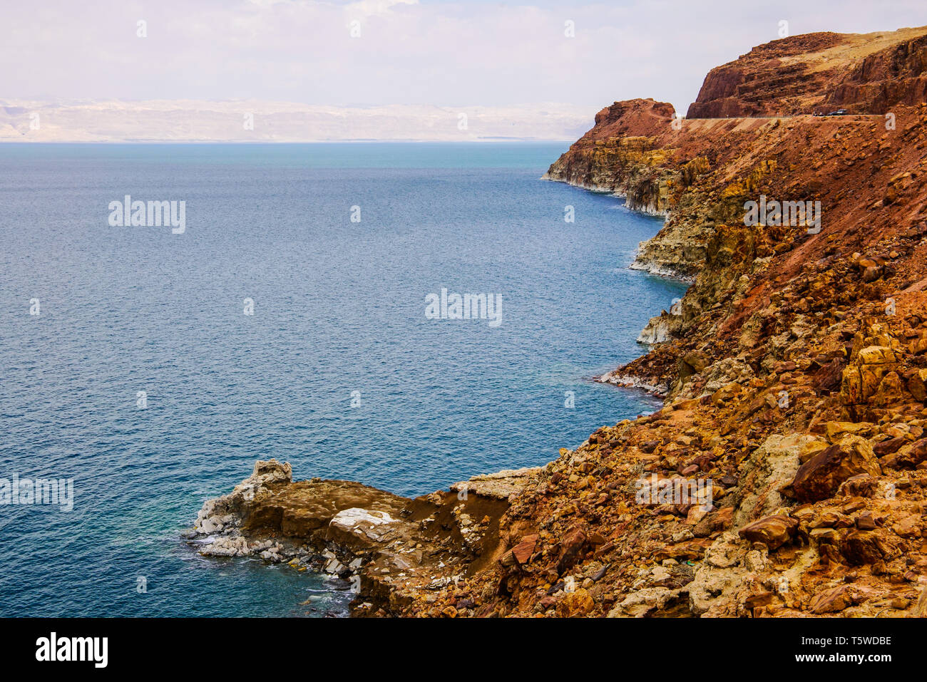 Panoramic landscape of the Dead Sea  from Jordan side. Stock Photo