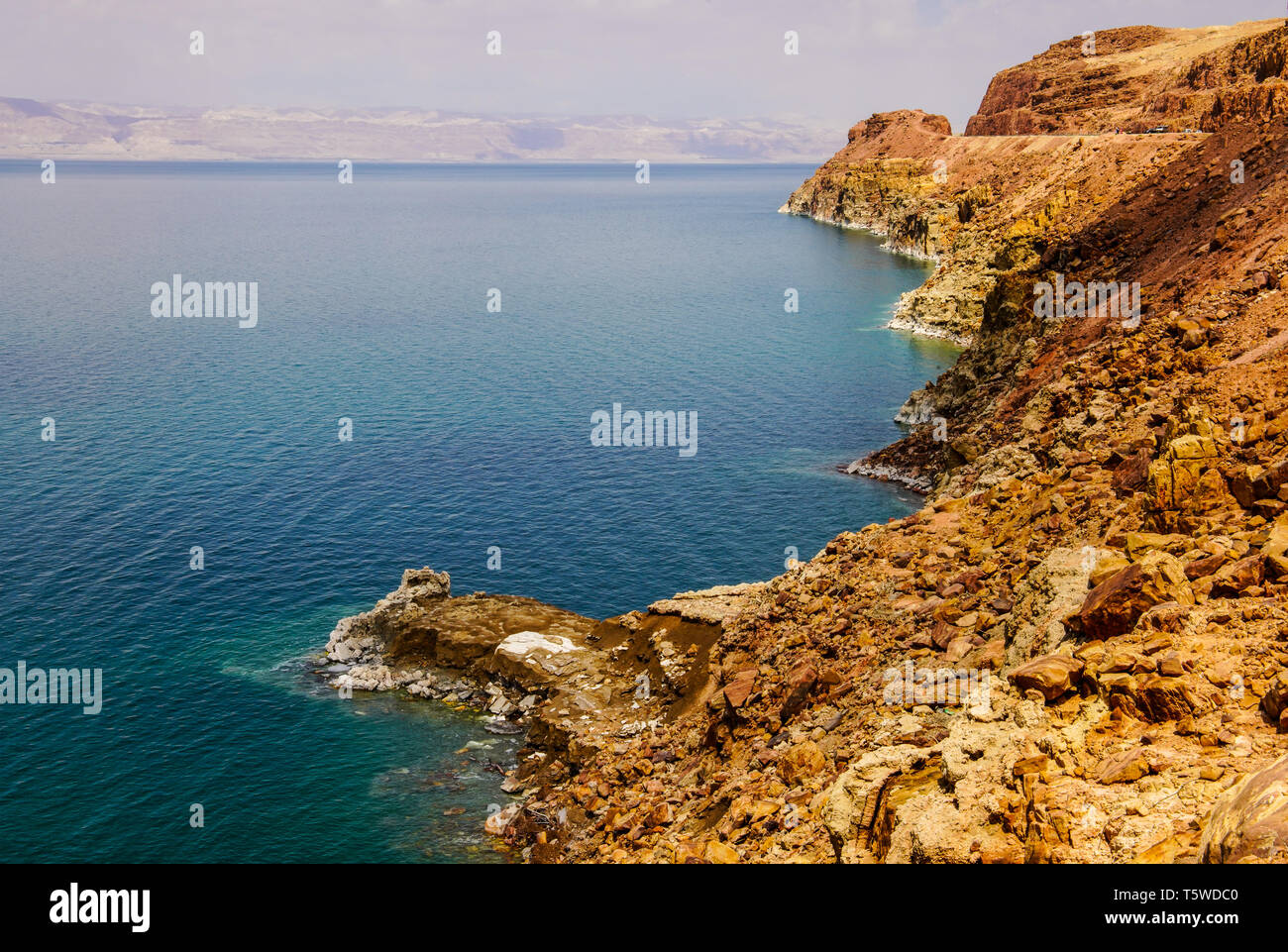 Panoramic landscape of the Dead Sea  from Jordan side. Stock Photo