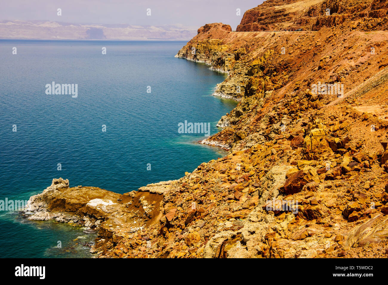 Panoramic landscape of the Dead Sea  from Jordan side. Stock Photo