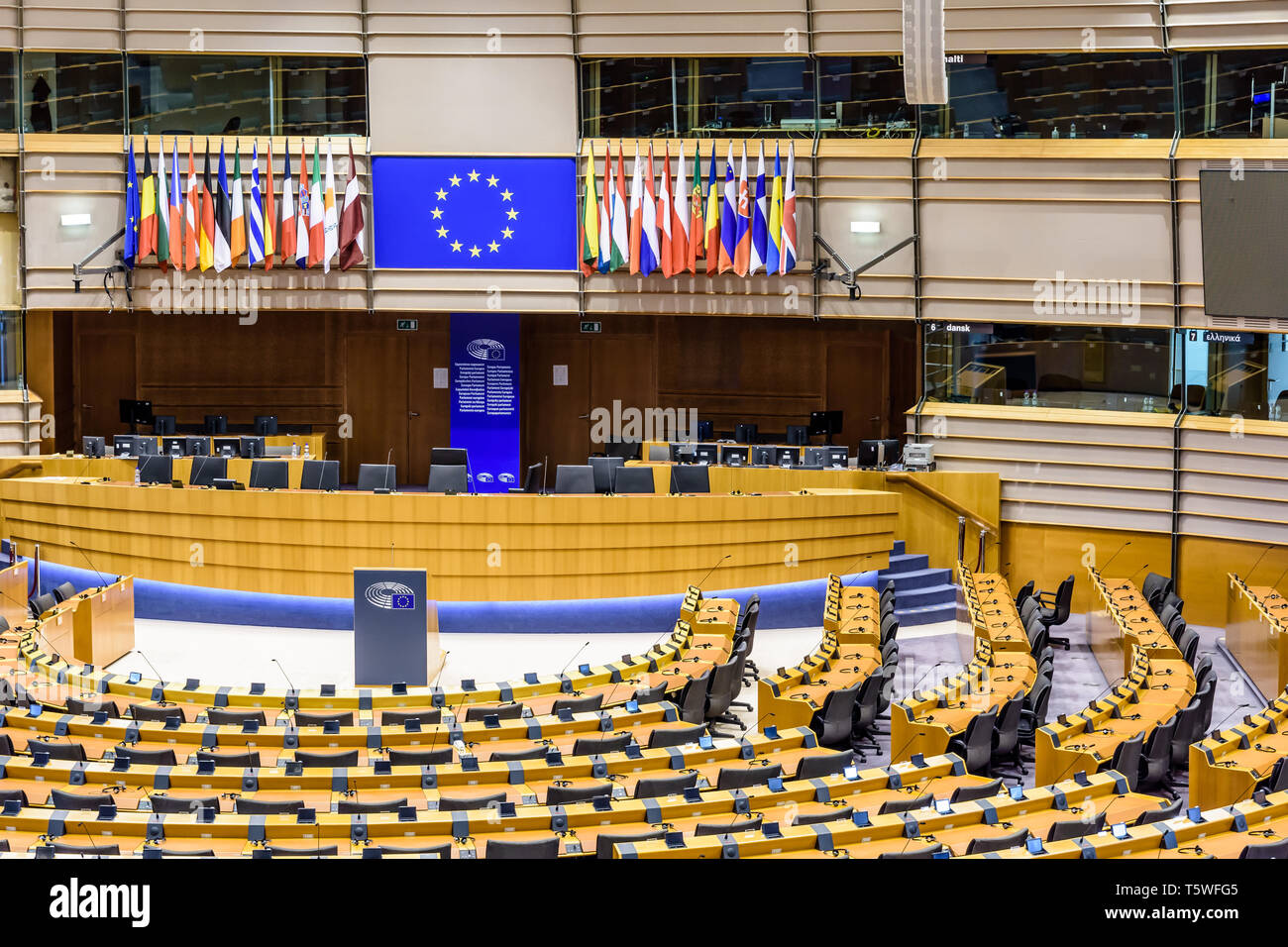 Close-up view on the desk of the president in the hemicycle, the debating chamber of the European Parliament in Brussels, Belgium. Stock Photo