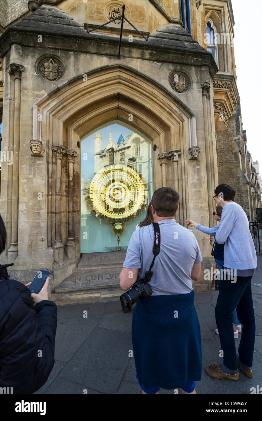 Tourists at millenium clock corner of Benet street Cambridge 2019 Stock Photo