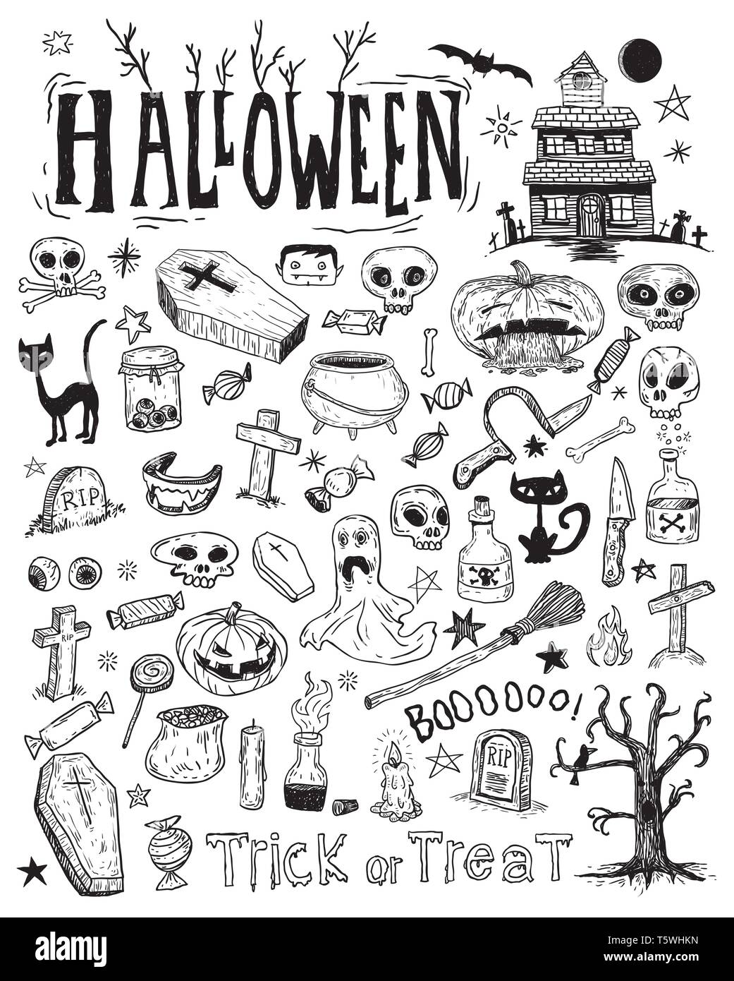 Cute cartoon skull and pumpkin Halloween doodle element. 24864836 PNG