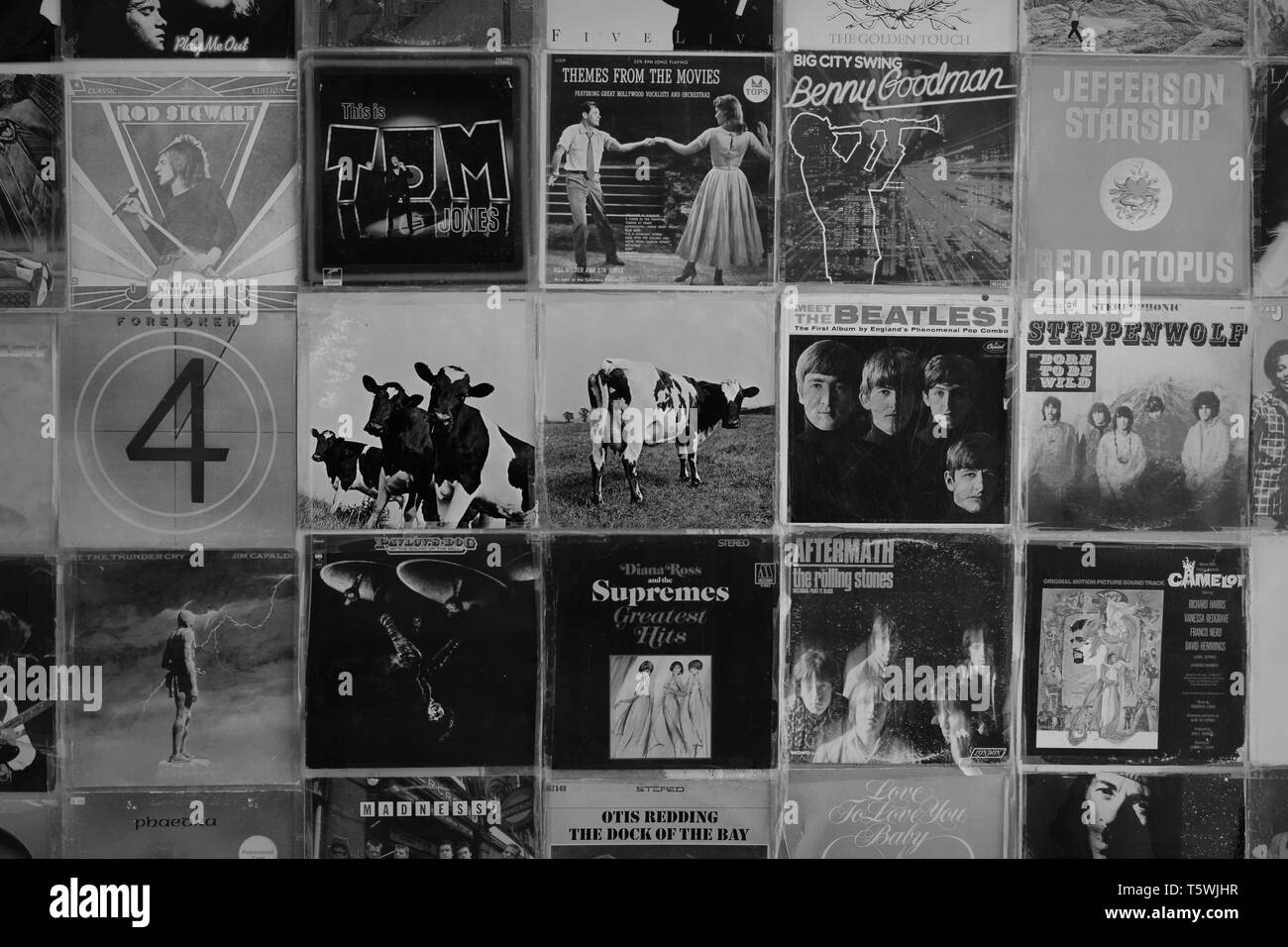 ATHENS, GREECE - AUGUST 29, 2018: Vintage pop rock music vinyl record album cover art displayed at record store. Black and white. Stock Photo