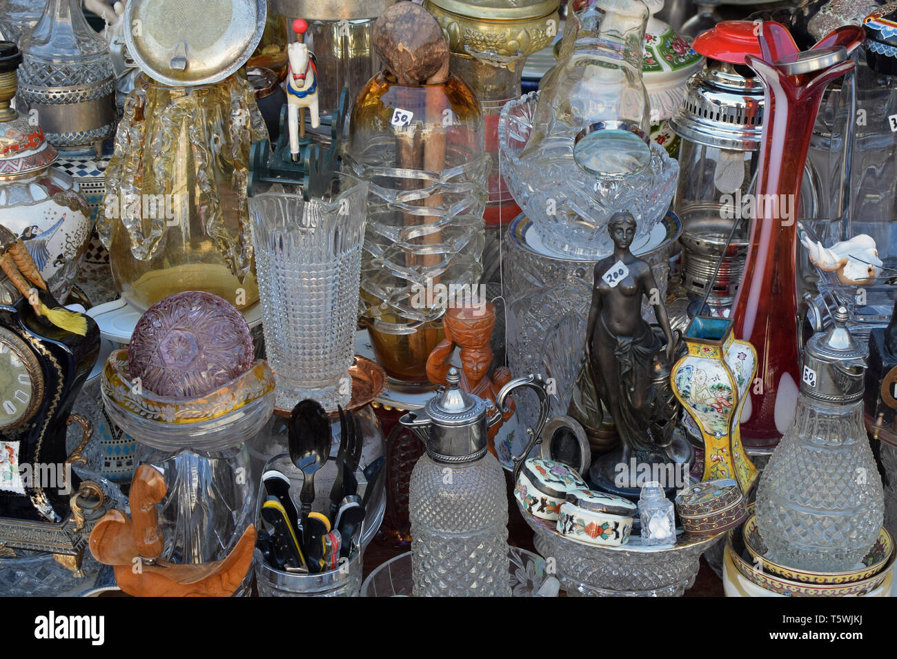 ATHENS, GREECE - OCTOBER 2, 2018: Vintage decorative objects for sale at antiques store. Stock Photo