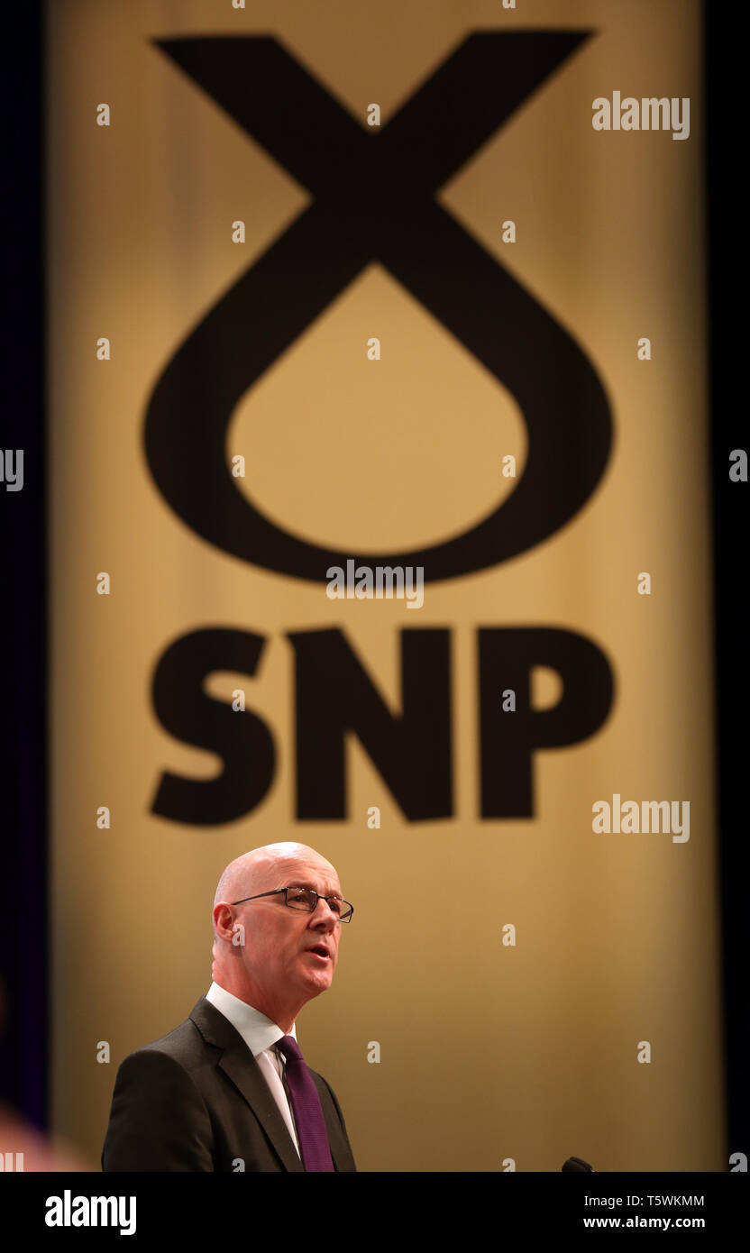 Deputy First Minister John Swinney during his speech at the SNP European Elections Campaign Conference being held at EICC in Edinburgh. Stock Photo
