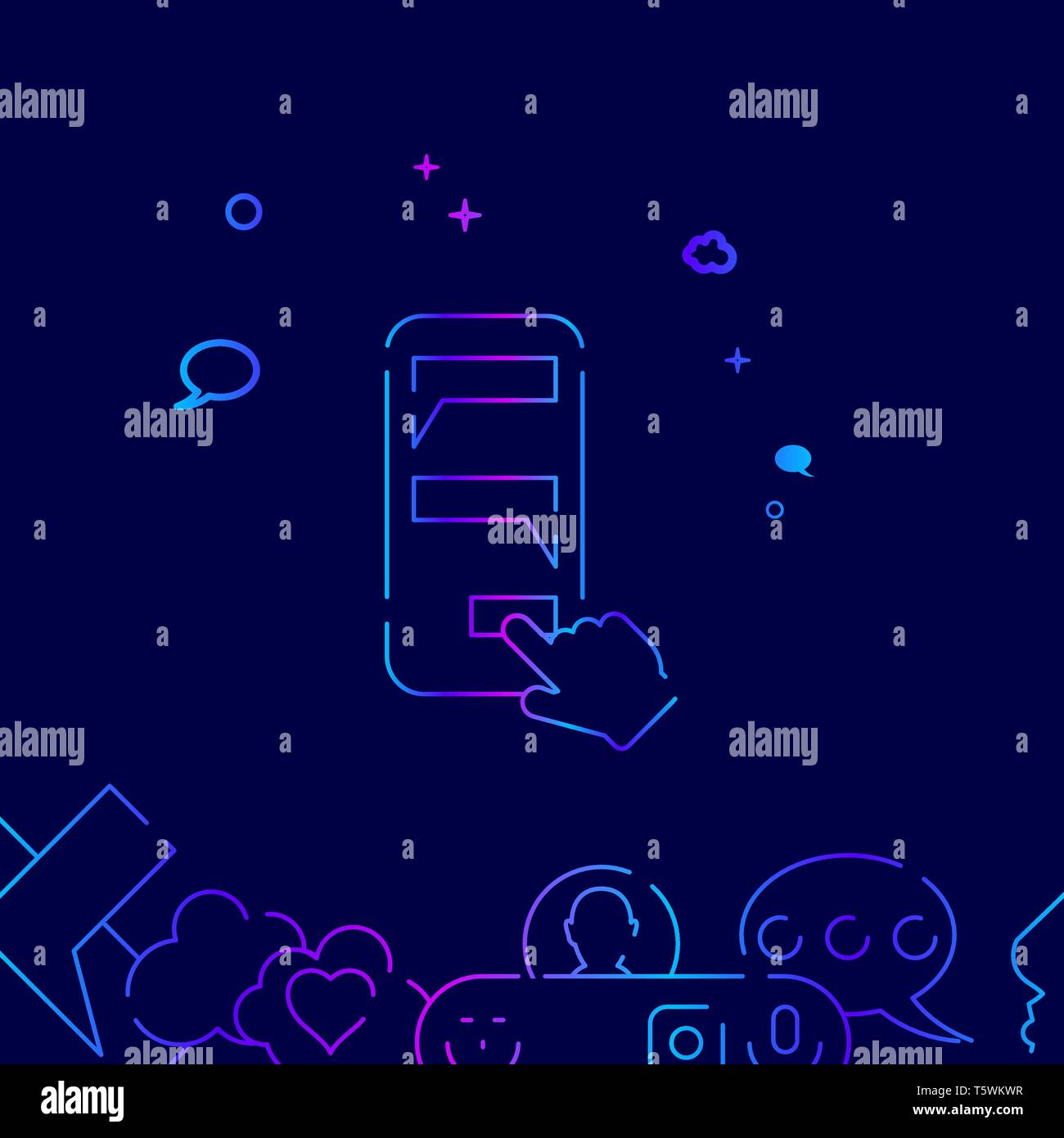 Mobile Chat Vector Line Illustration. Dialogue, Chat Gradient Icon, Symbol or Pictogram, Sign. Dark Blue Background. Related Bottom Border. Stock Vector