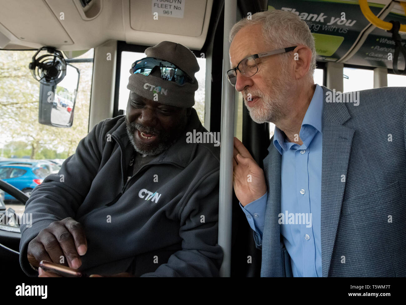 Jeremy Corbyn talking to Nottingham City transport bus driver. Stock Photo