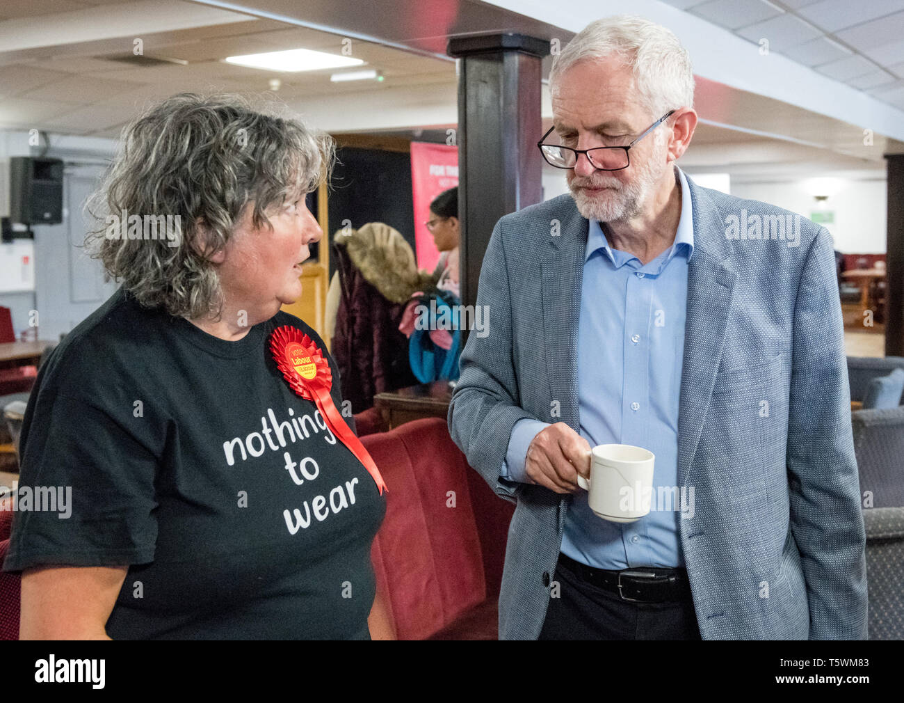 Jeremy Corbyn leader of the Labour Party talking to members of a recyclying clothing charity Sharewear Nottingham. Stock Photo