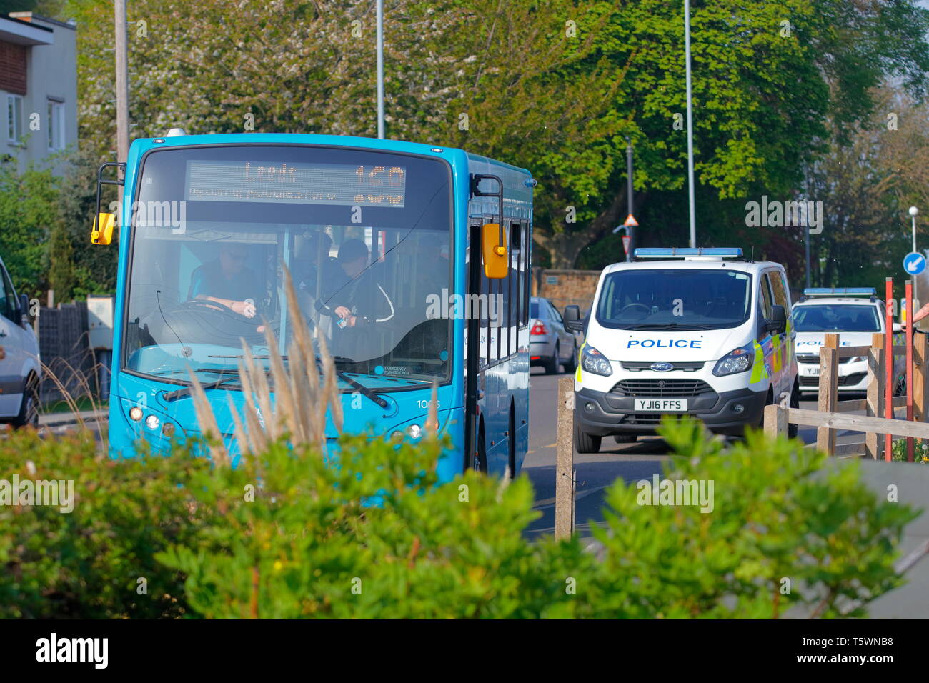 The scene of a near miss incident involving a bus & cyclist . Police were called to the scen after the cyclist became abusive. Stock Photo