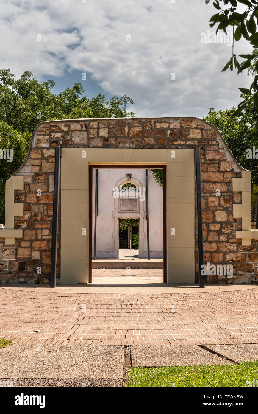 Darwin Built Features Darwin Australia - February 22, 2019: Closeup looking through Town Hall ...