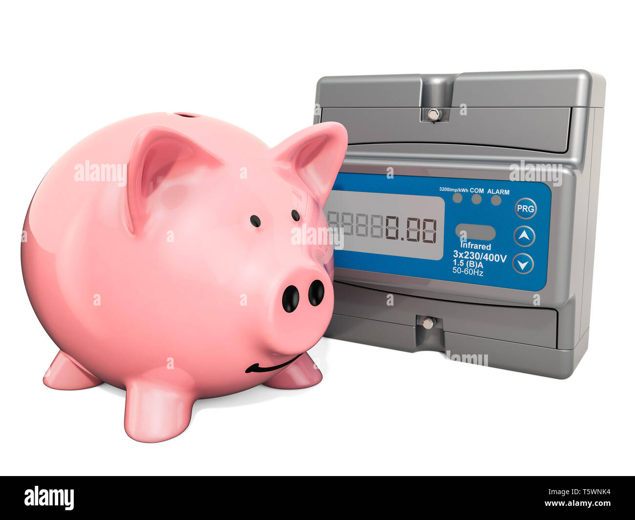 Piggy bank with electric meter. Saving energy consumption concept, 3D