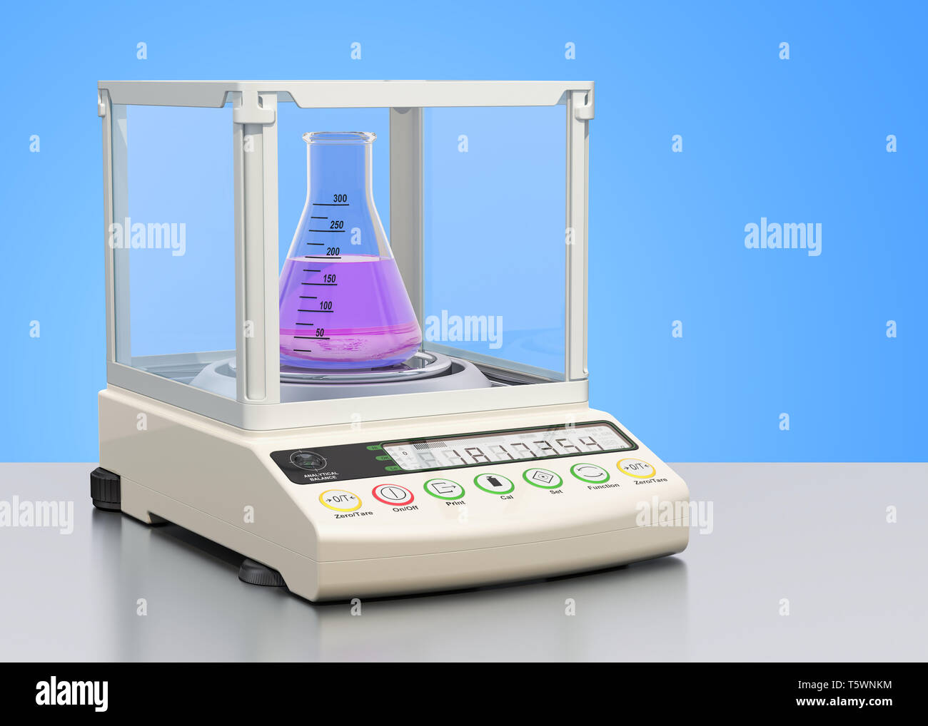 Analytical balance, digital lab scale with chemical flask on the desk. 3D rendering Stock Photo