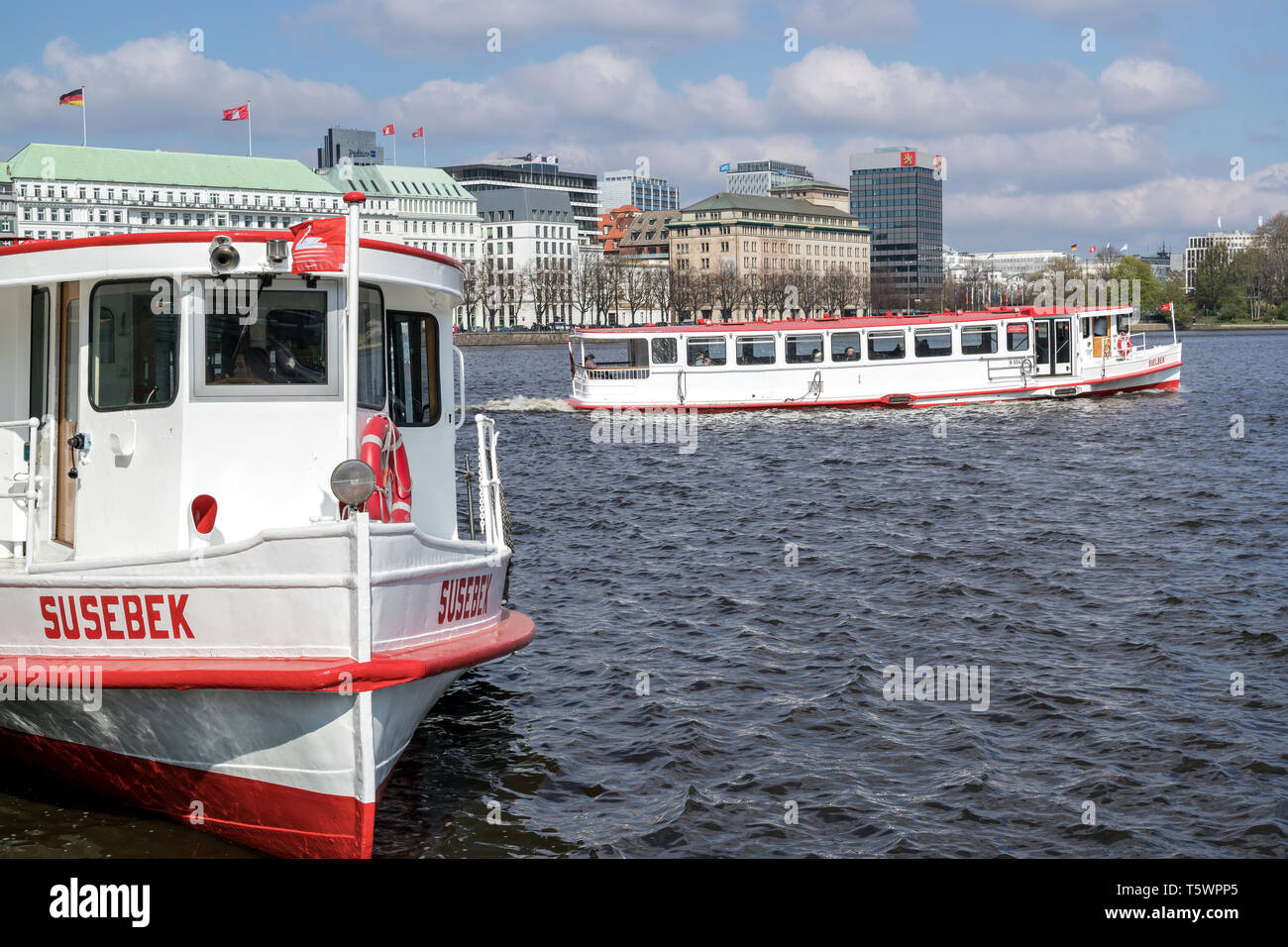 traditional Alster steamers on the Inner Alster in Hamburg, Germany Stock Photo