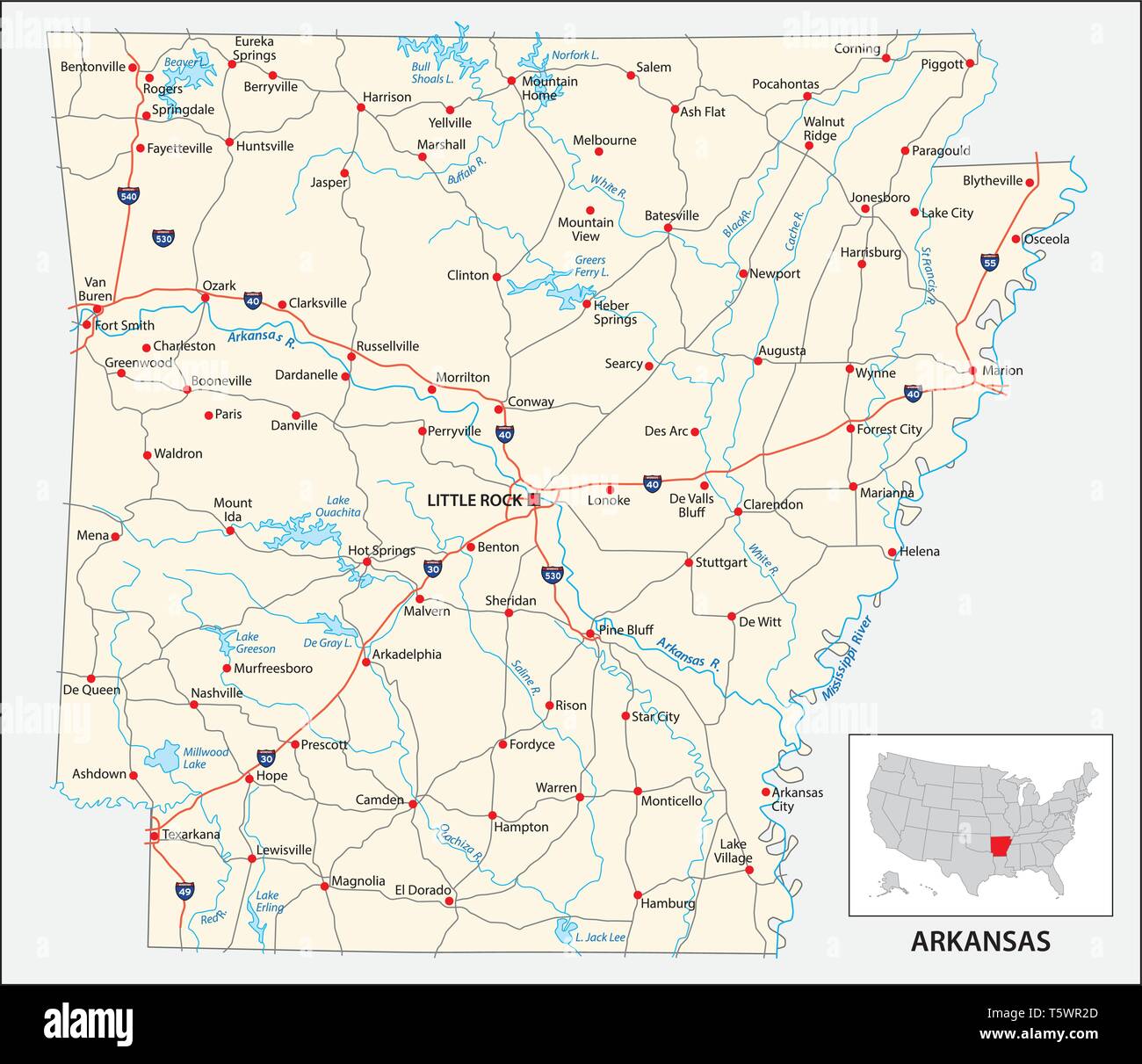 road map of the US American State of Arkansas Stock Vector