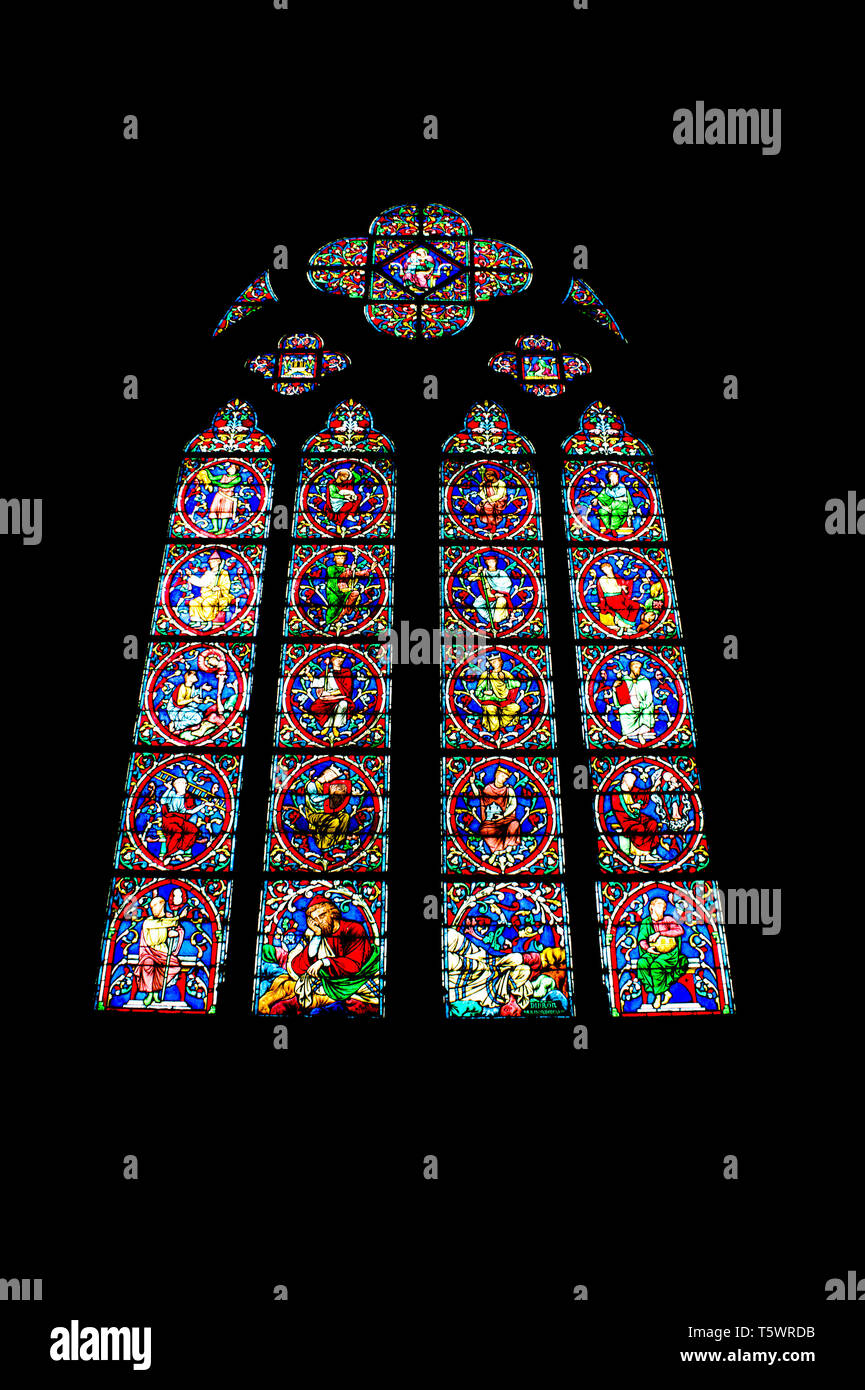 Stained glass window of the Notre-Dame de Paris Cathedral, Paris, France Stock Photo