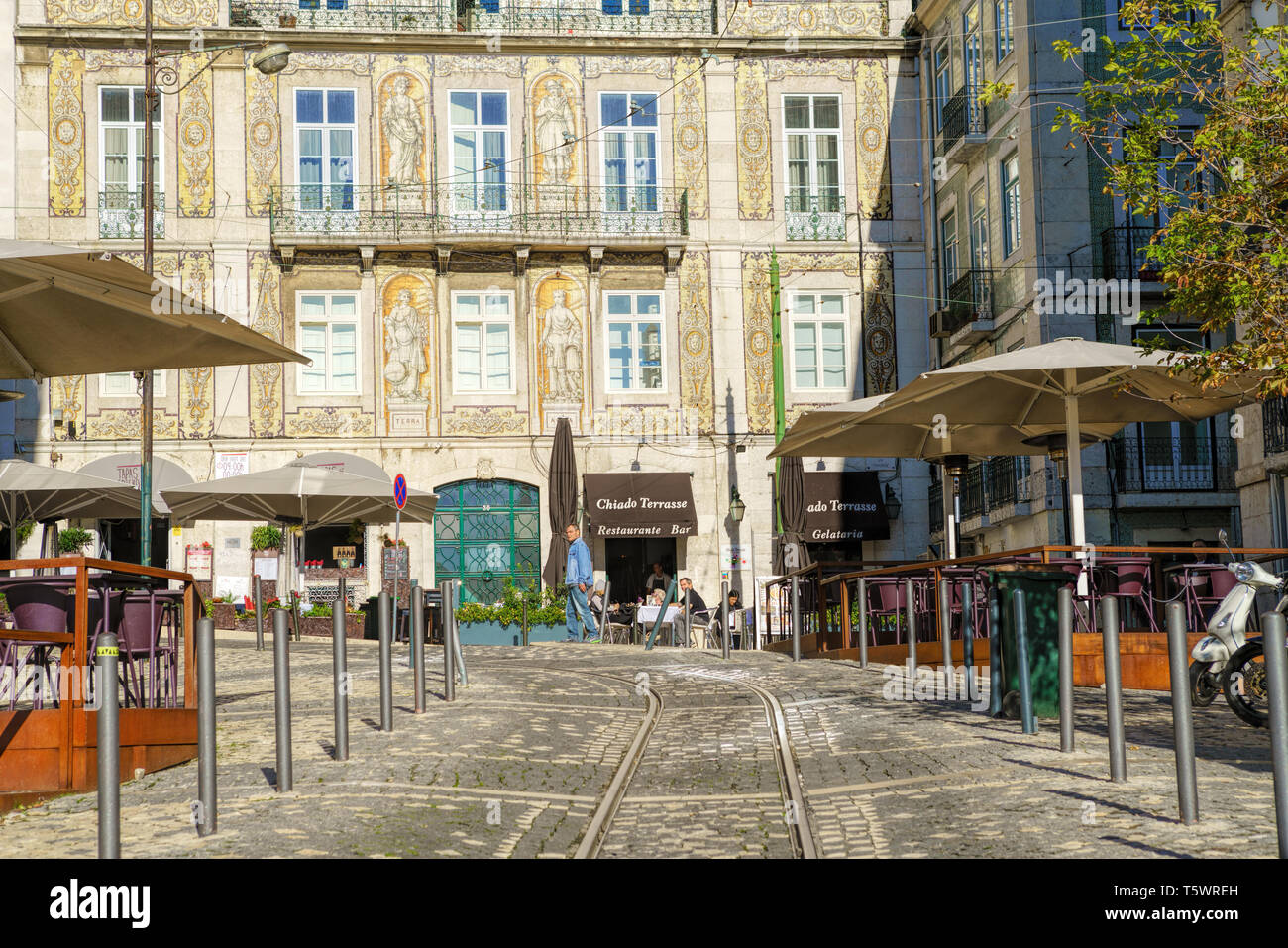 Cafe  in  area of the Barrio Alto, or upper town, in Lisbon. Early in the morning, waiting for the first guests. Stock Photo
