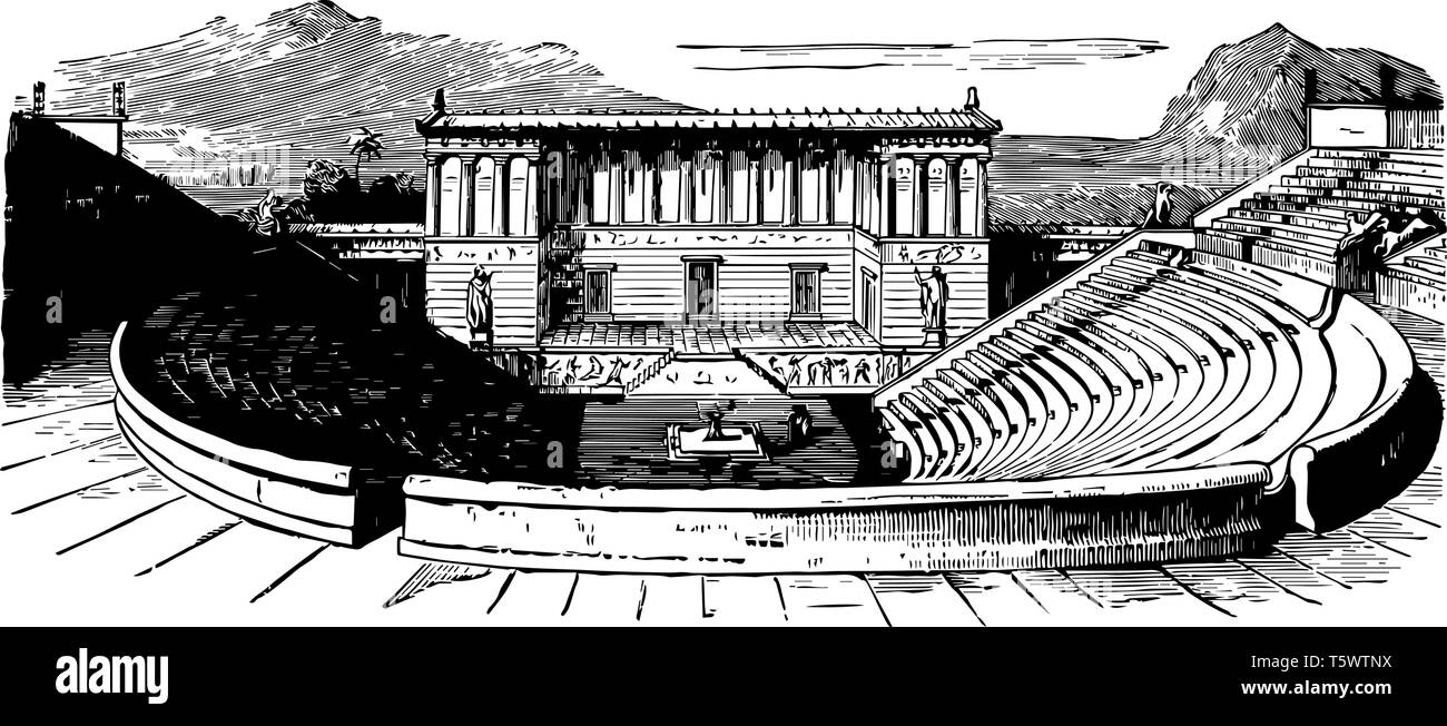 Theater of Segesta is one of the first Greek amphitheaters vintage line drawing or engraving illustration. Stock Vector