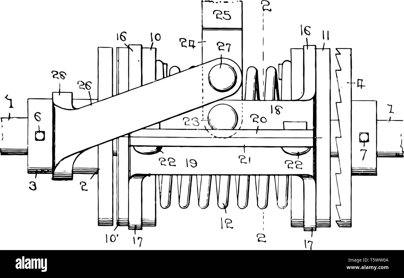 This illustration represents Engine Starter which is a device used to rotate an internal combustion engine vintage line drawing or engraving illustrat Stock Vector