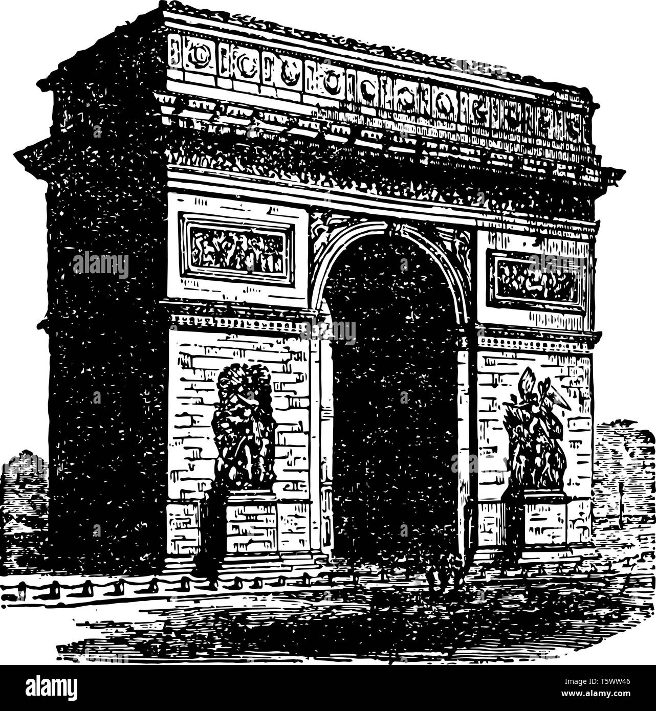Arch of Triumph is the shape of a monumental archway building gates walls sizes vintage line drawing or engraving illustration Stock Vector