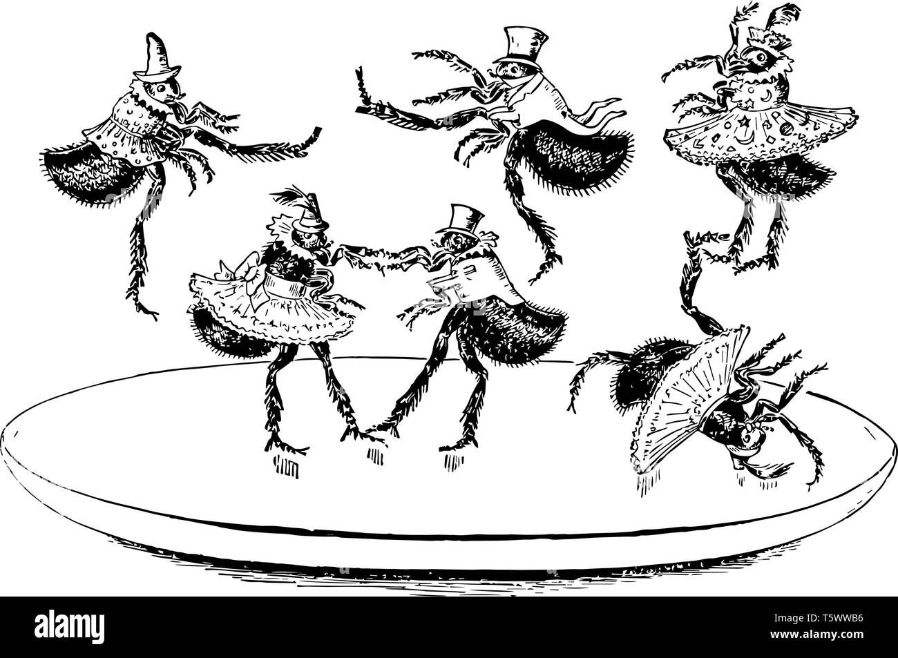 Flea Dance this scene shows six fleas dancing on a platform two fleas are dancing together as a pair and other three fleas are flying off of the platf Stock Vector