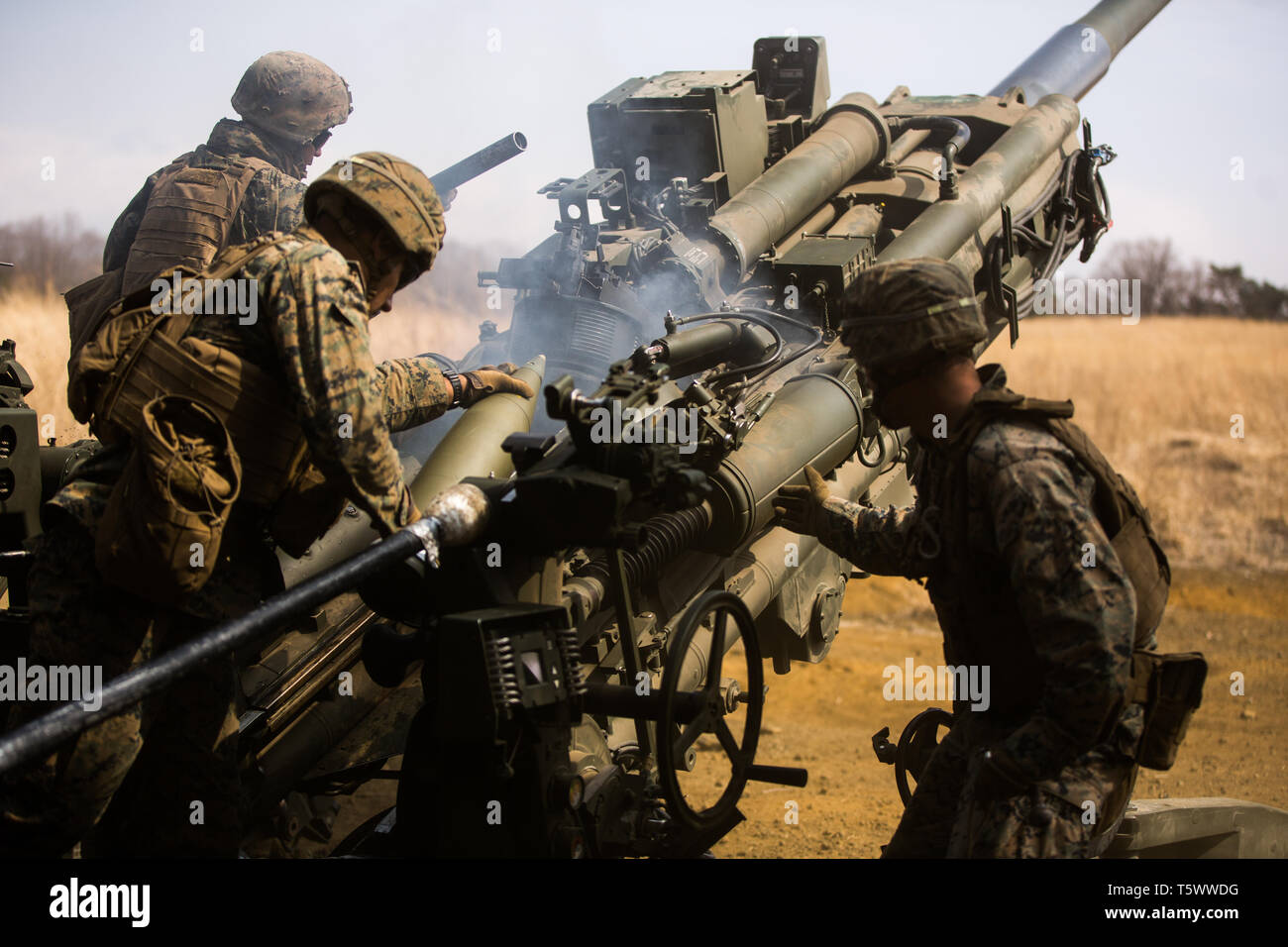 U.S. Marines with 3rd Battalion, 12th Marine Regiment, 3rd Marine Division, load a 155mm artillery round into an M777 Howitzer during the Artillery Relocation Training Program 19-1 at the Combined Arms Training Center, Camp Fuji, April 20, 2019. ARTP provides 3rd Battalion, 12th Marine Regiment with essential, live fire training outside of Okinawa to increase their warfighting capabilities and support the U.S. - Japan Treaty of Mutual Cooperation and Security. (U.S. Marine Corps photo by Cpl. Josue Marquez) Stock Photo
