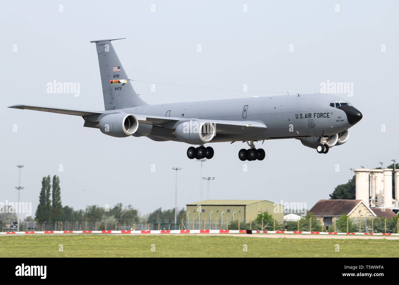 A U.S. Air Force KC-135 Stratotanker assigned to the 100th Air Refueling Wing taxis on the flightline at RAF Mildenhall, England, in support of Mission Assurance exercise 19-1, April 24, 2019. The exercise was designed to emphasize the importance of combat skills effectiveness training and test 100th ARW and 48th Fighter Wing Airmen on their ability to survive and operate in wartime conditions (U.S. Air Force photo by Senior Airman Alexandria Lee) Stock Photo