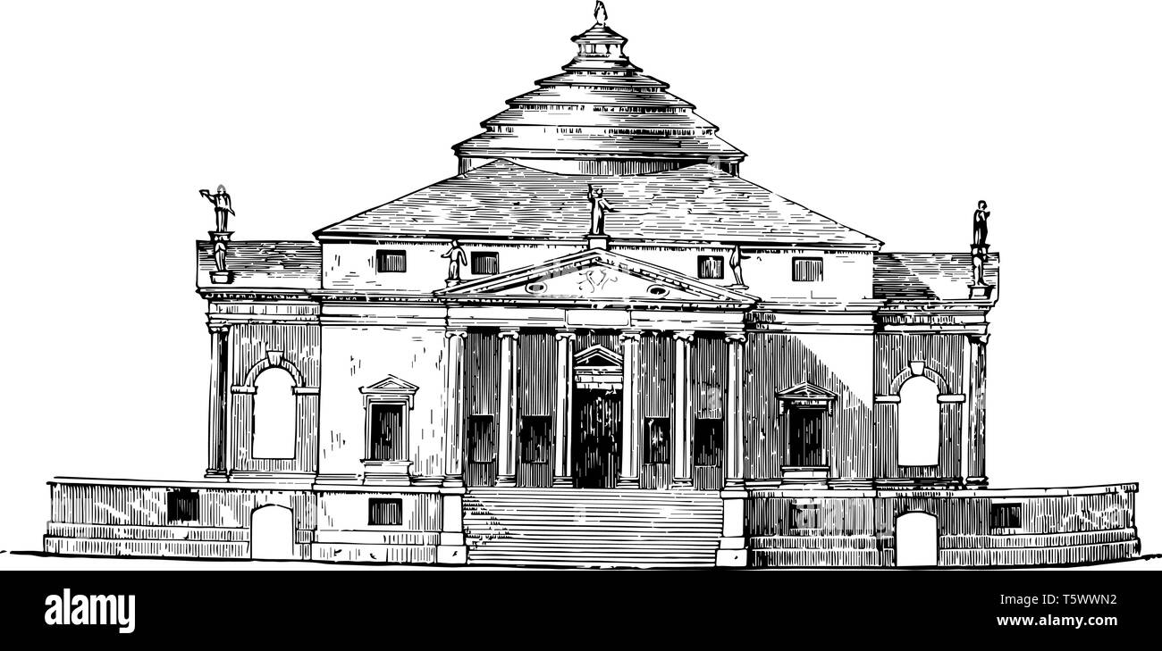 Villa by Palladio the compositions of Palladio so celebrated composed of heterogeneous elements rendered his combinations of civic vintage line drawin Stock Vector